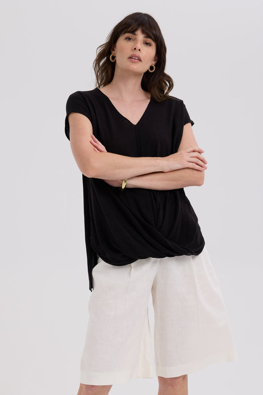 LD & CO LINEN DRAPE TOP - BLACK - THE VOGUE STORE