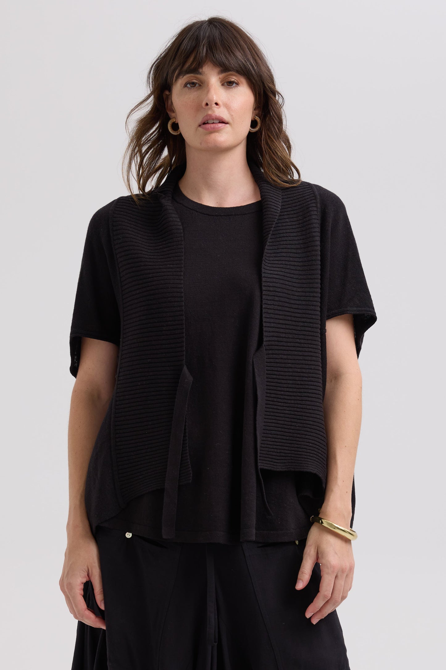 LD & CO LINEN TIE CARDI - BLACK - THE VOGUE STORE