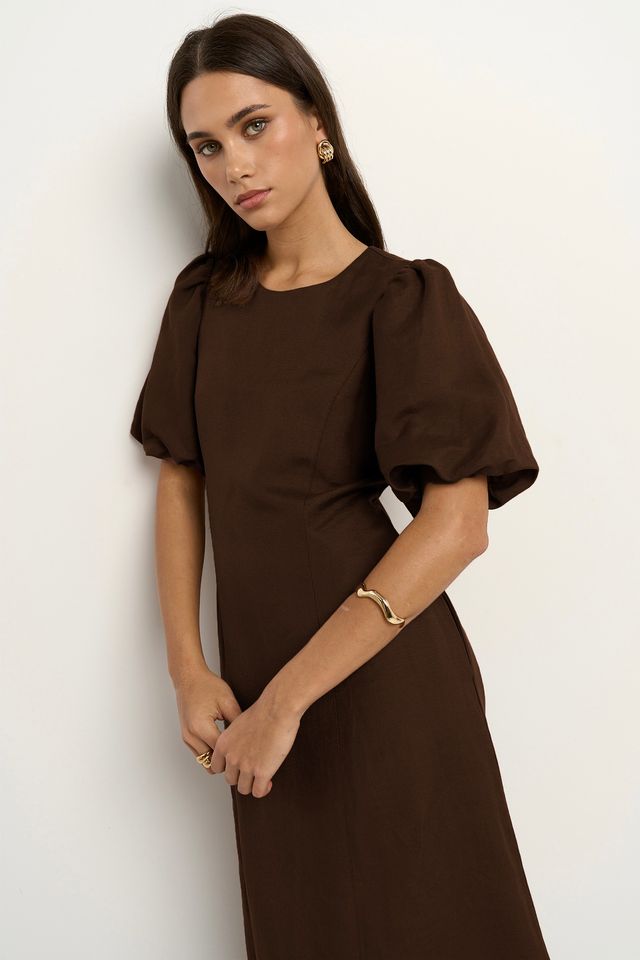 RE:UNION INDULGENT PUFF SLEEVE RELAXED MIDI DRESS - CHOCOLATE - THE VOGUE STORE