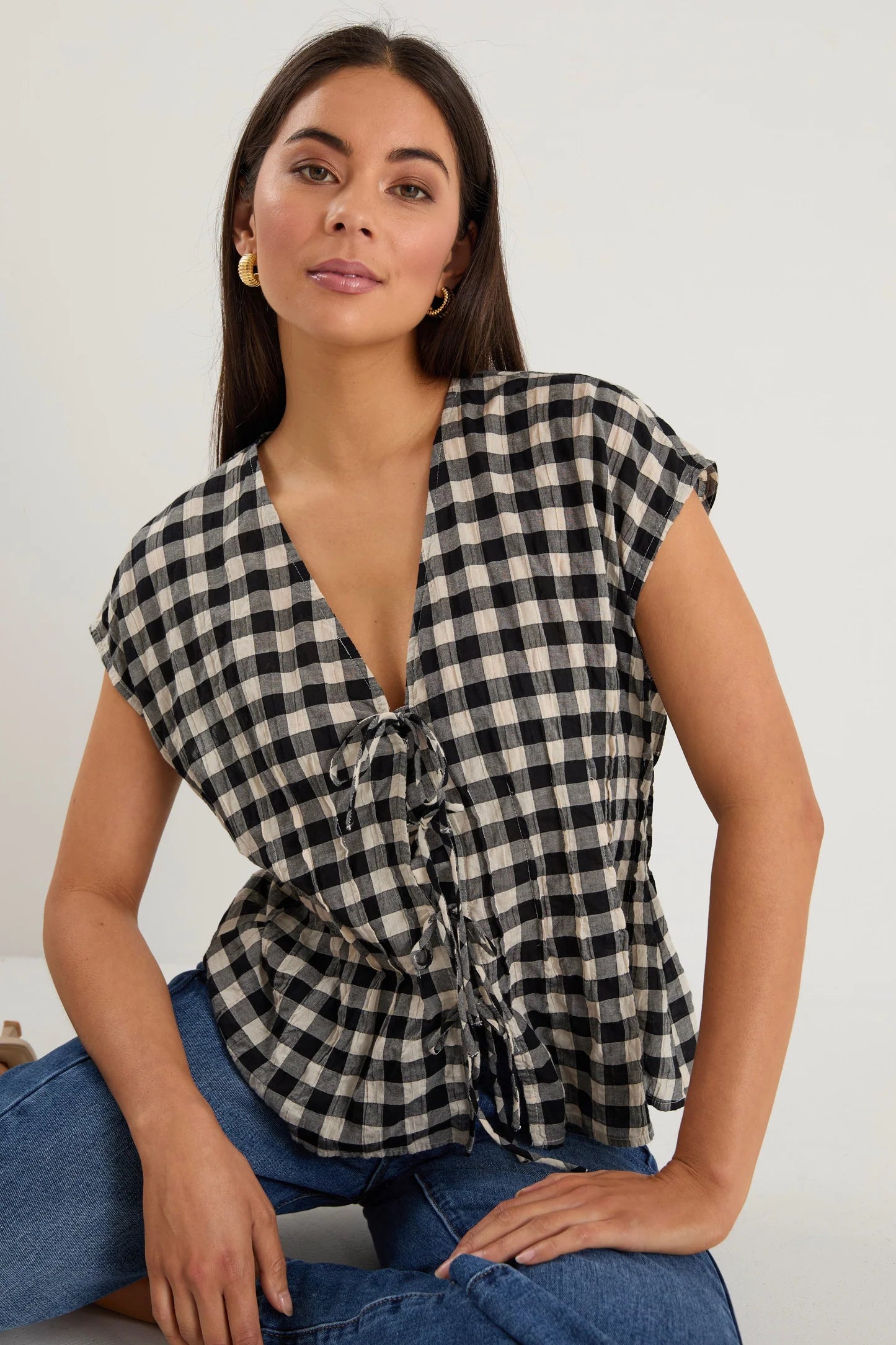 IVY + JACK NOUVEAU BLACK GINGHAM TIE FRONT VEST - THE VOGUE STORE