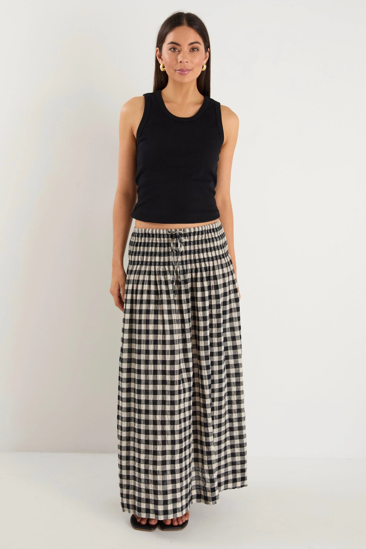 IVY + JACK CHEERFUL BLACK GINGHAM COTTON SHIRRED WAIST MAXI SKIRT - THE VOGUE STORE