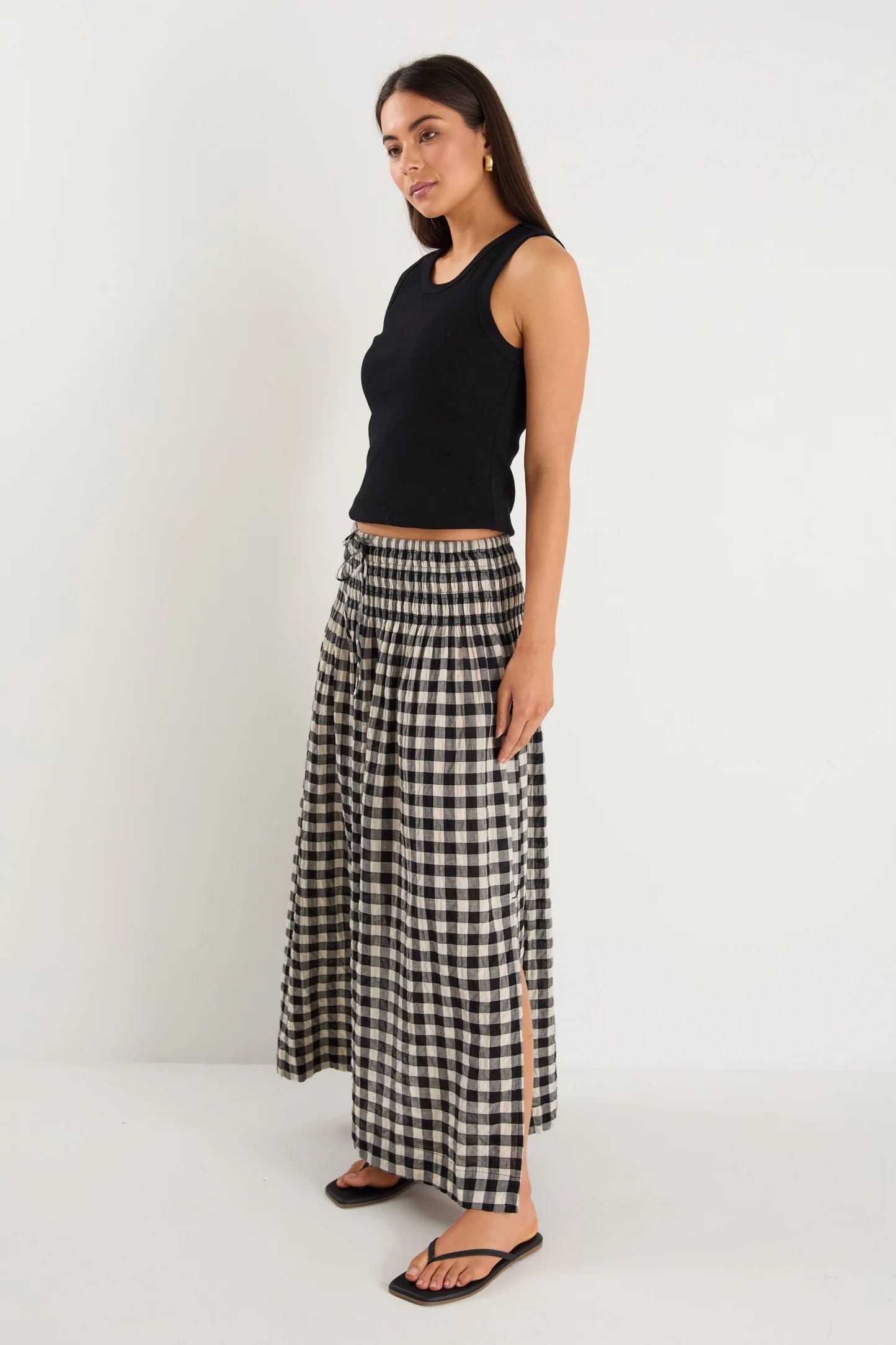 IVY + JACK CHEERFUL BLACK GINGHAM COTTON SHIRRED WAIST MAXI SKIRT - THE VOGUE STORE