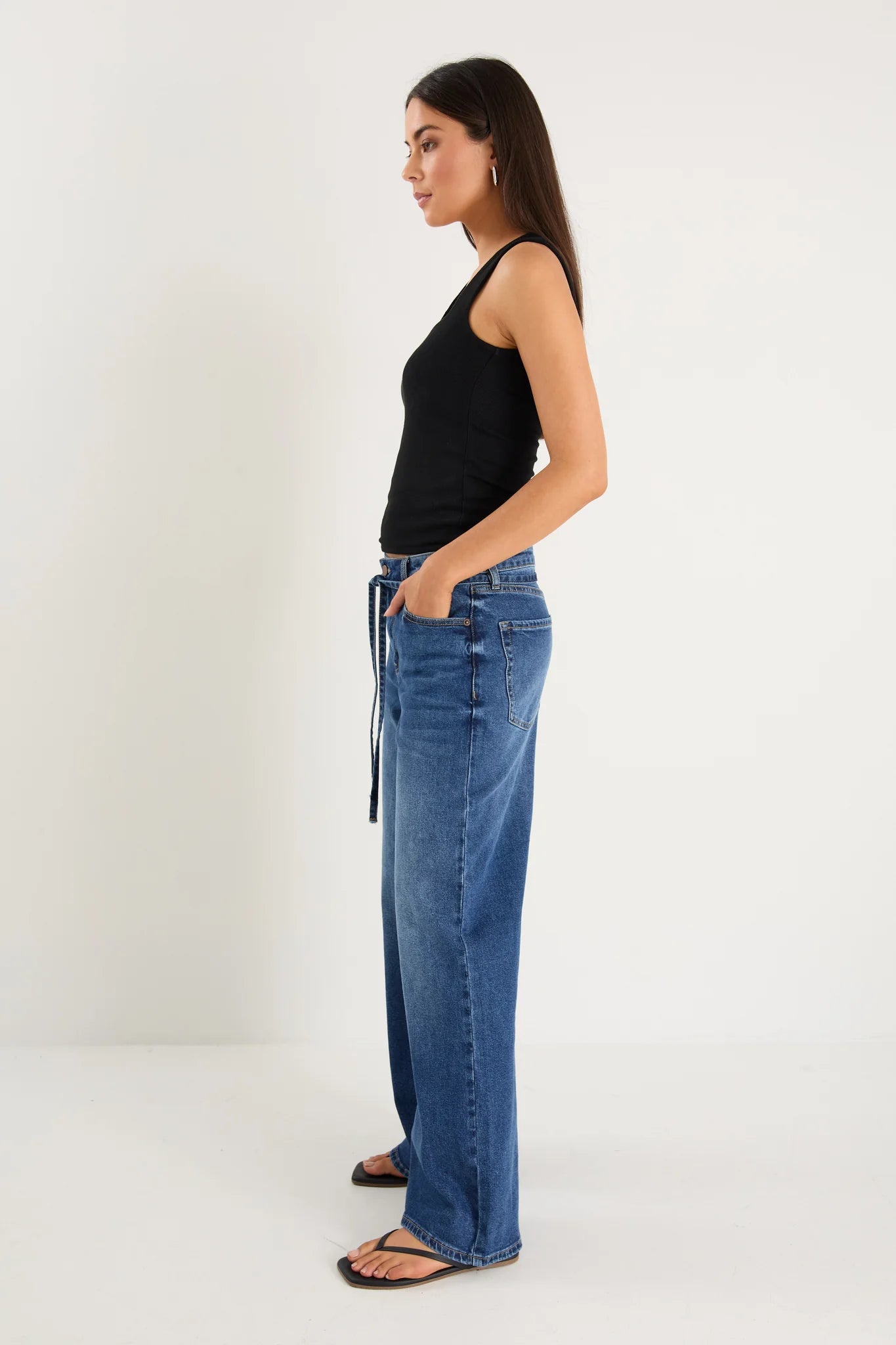 STORIES BE TOLD COLLEGE DEEP BLUE WIDE LEG TIE BELT JEAN - THE VOGUE STORE