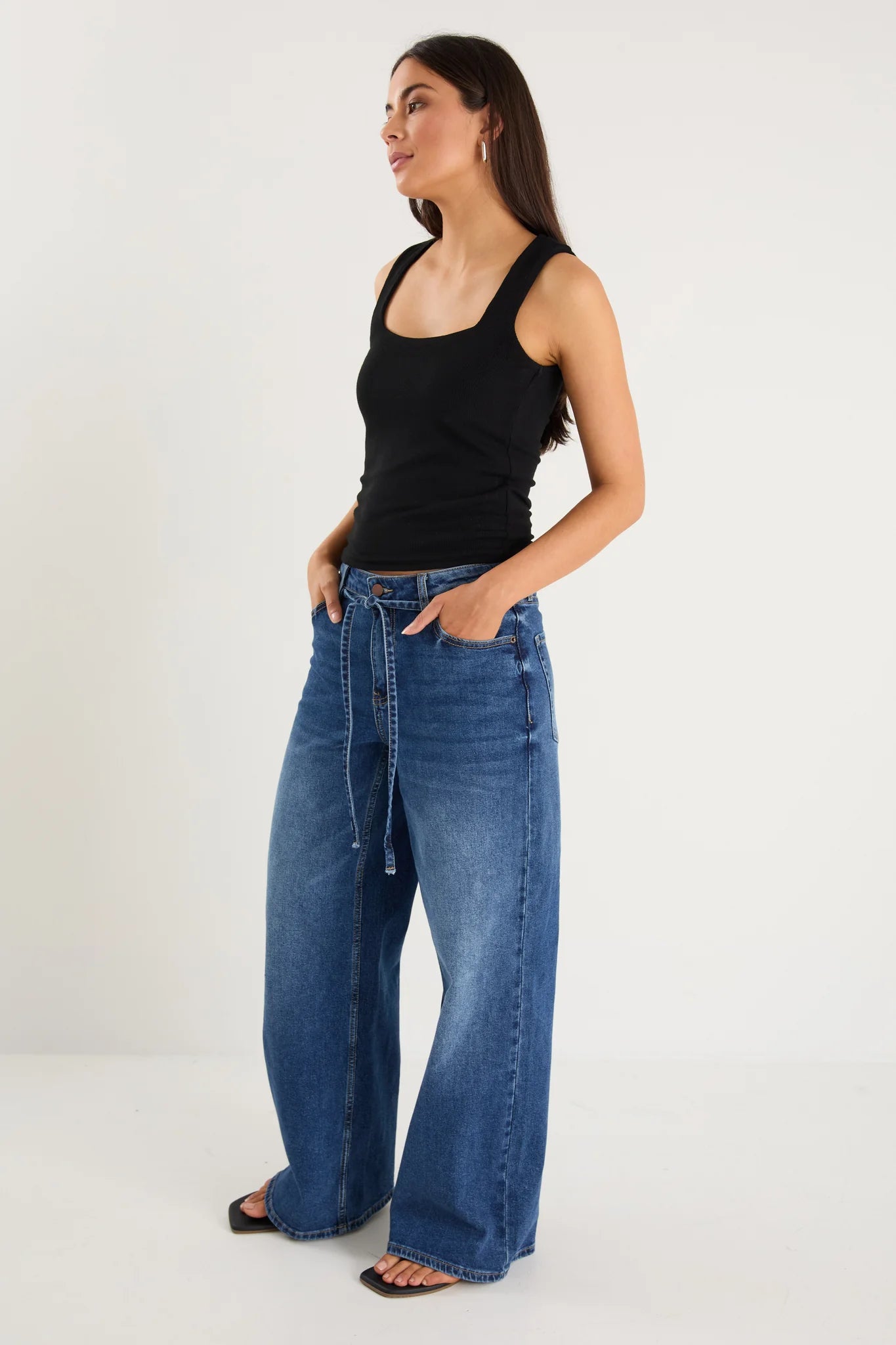 STORIES BE TOLD COLLEGE DEEP BLUE WIDE LEG TIE BELT JEAN - THE VOGUE STORE