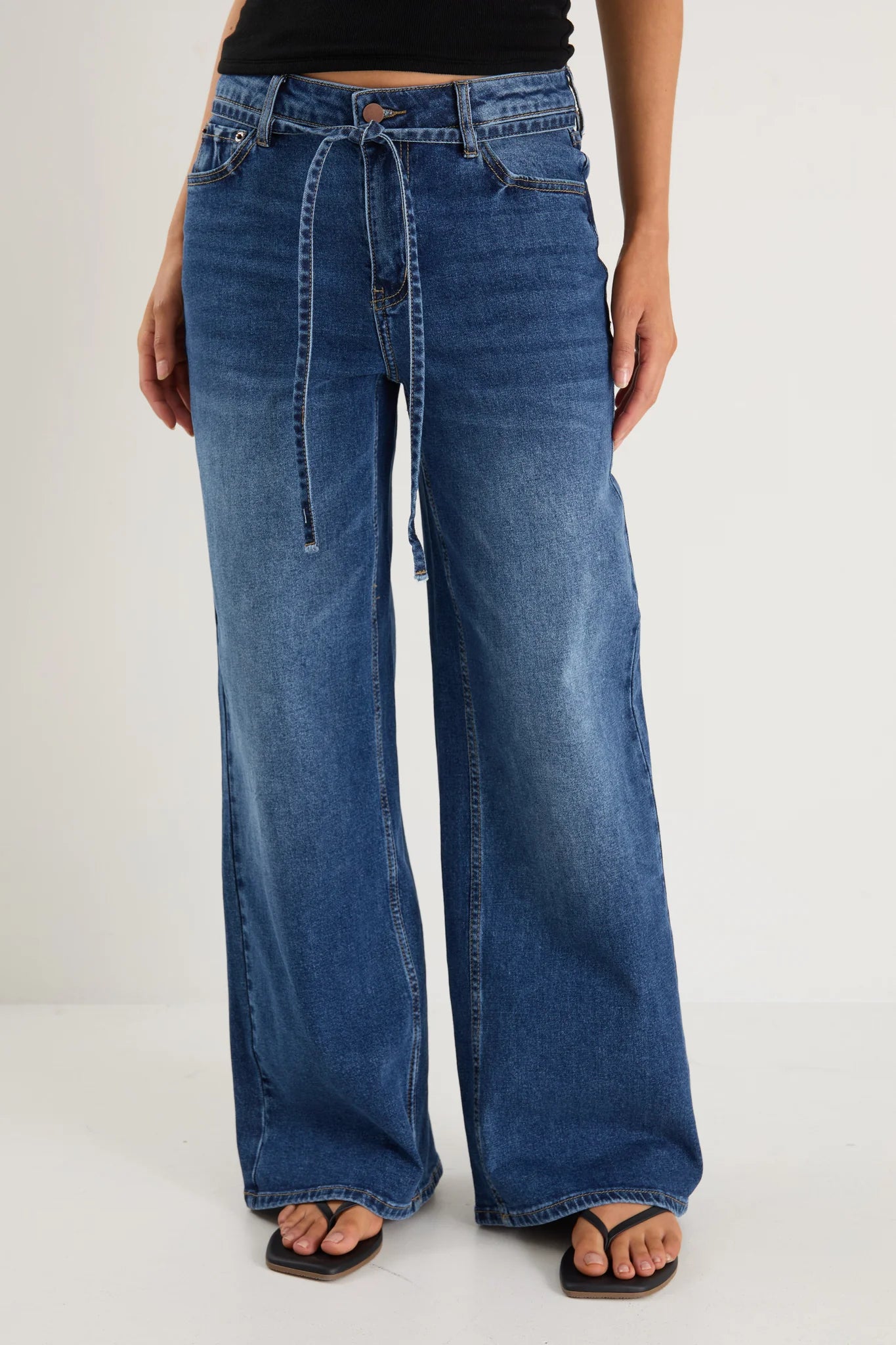STORIES BE TOLD COLLEGE DEEP BLUE WIDE LEG TIE BELT JEAN - THE VOGUE STORE