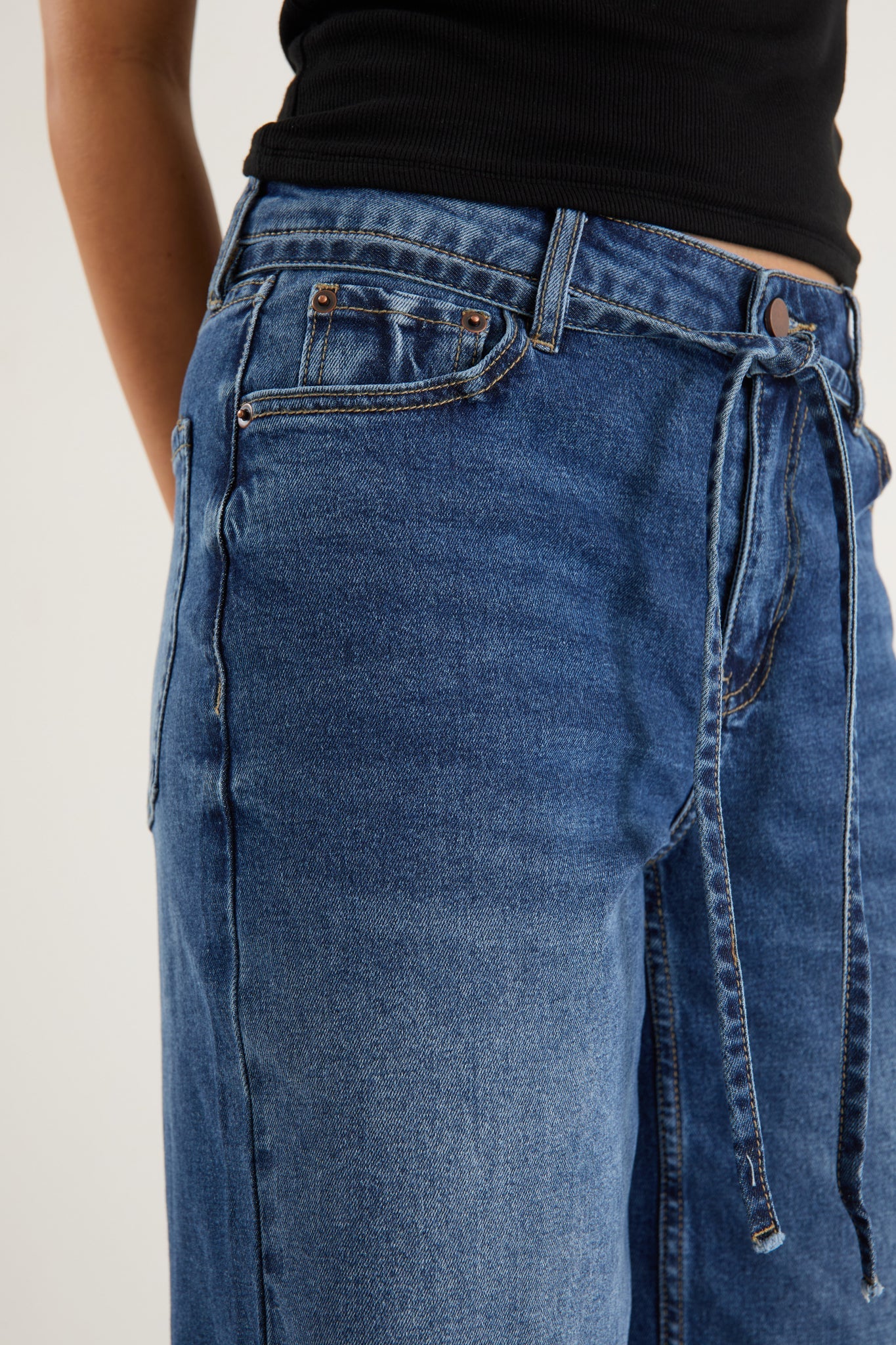 STORIES BE TOLD COLLEGE DEEP BLUE WIDE LEG TIE BELT JEAN - THE VOGUE STORE
