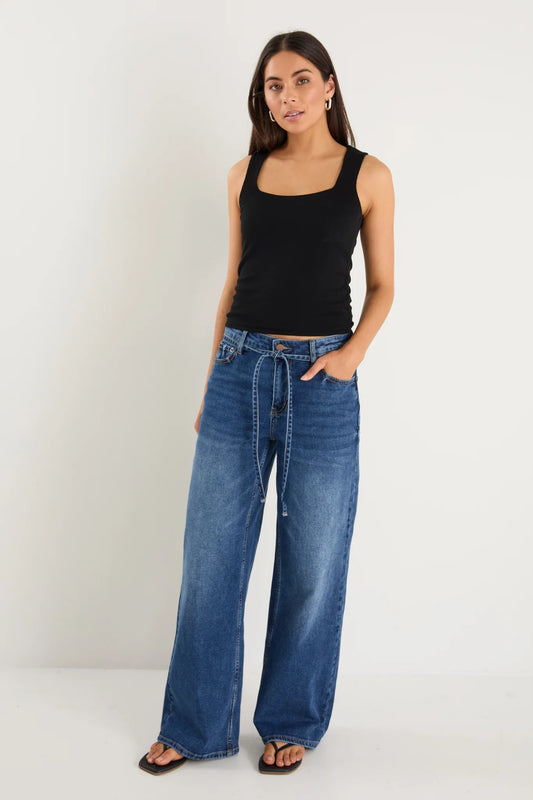 STORIES BE TOLD COLLEGE DEEP BLUE WIDE LEG TIE BELT JEAN - THE VOGUE STORE