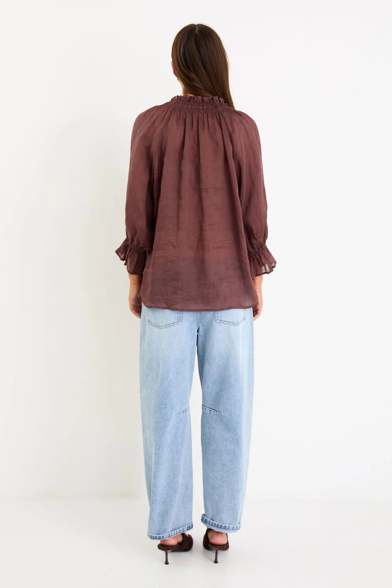 AMONG THE BRAVE PROSPECT CHOCOLATE TIE FRONT MID SLEEVE TOP - THE VOGUE STORE