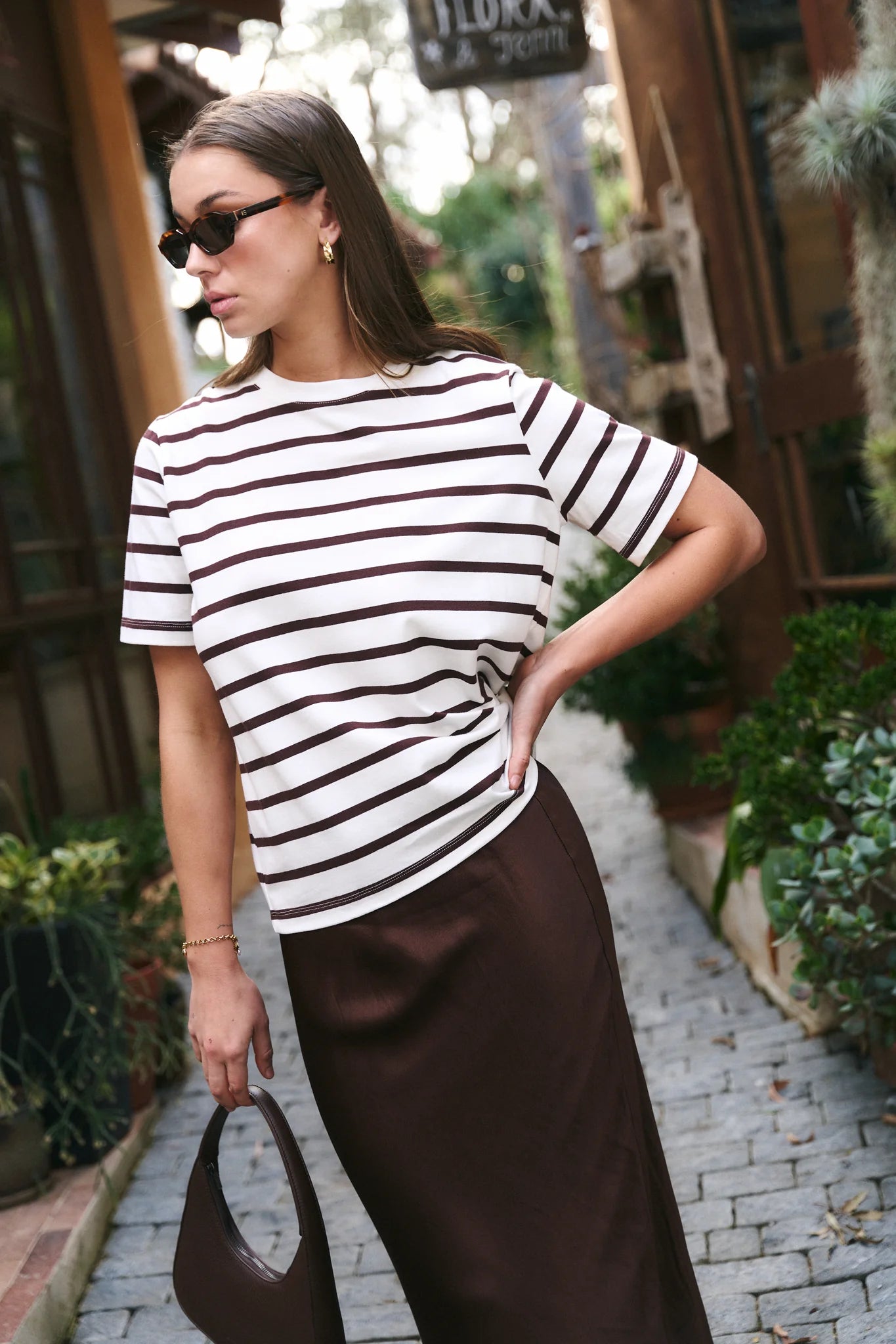 RE:UNION BINDING CHOCOLATE WHITE STRIPE BOXY FIT TEE - THE VOGUE STORE
