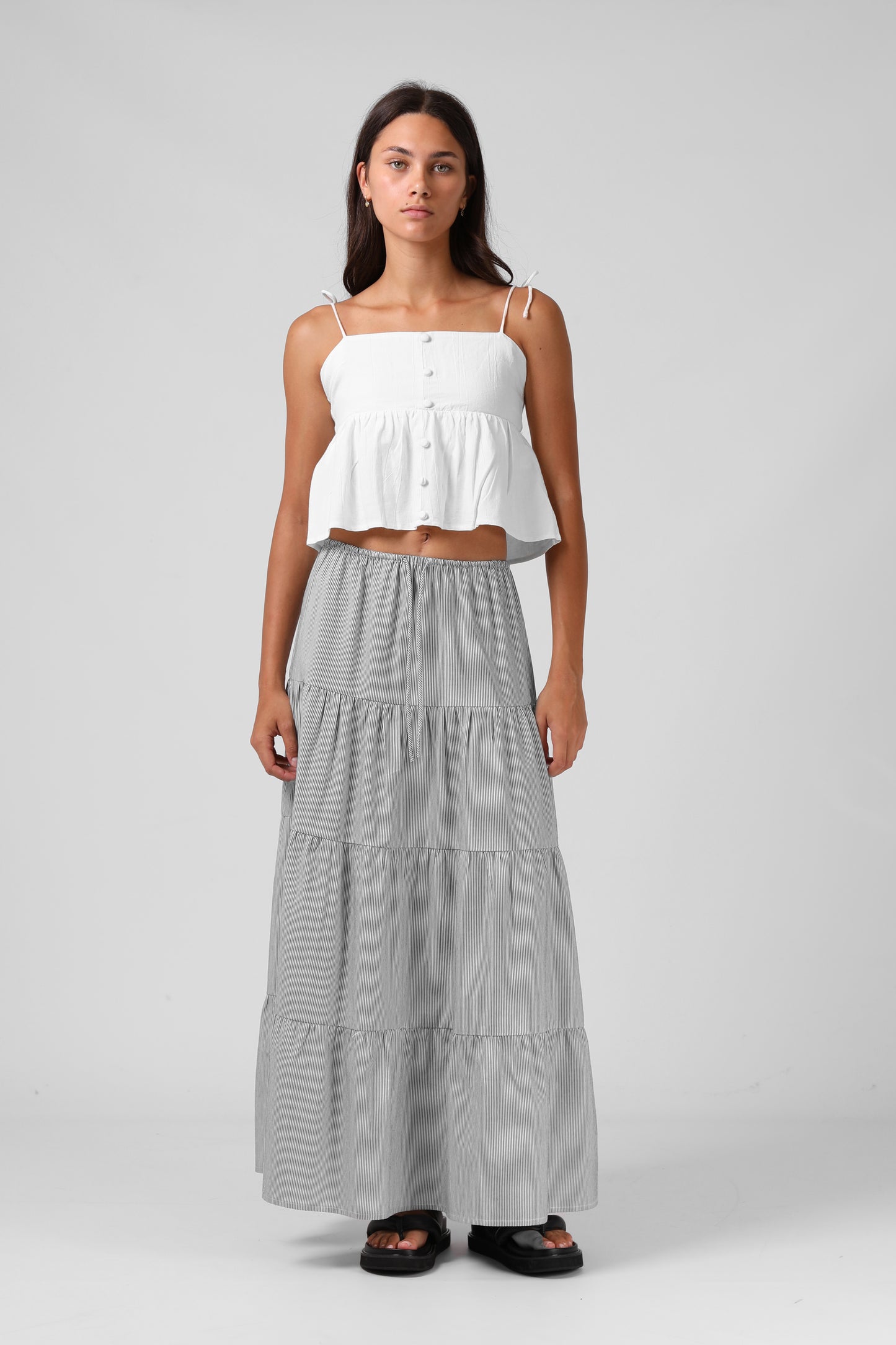 RPM RUBY MAXI SKIRT - B/W PINSTRIPE - THE VOGUE STORE