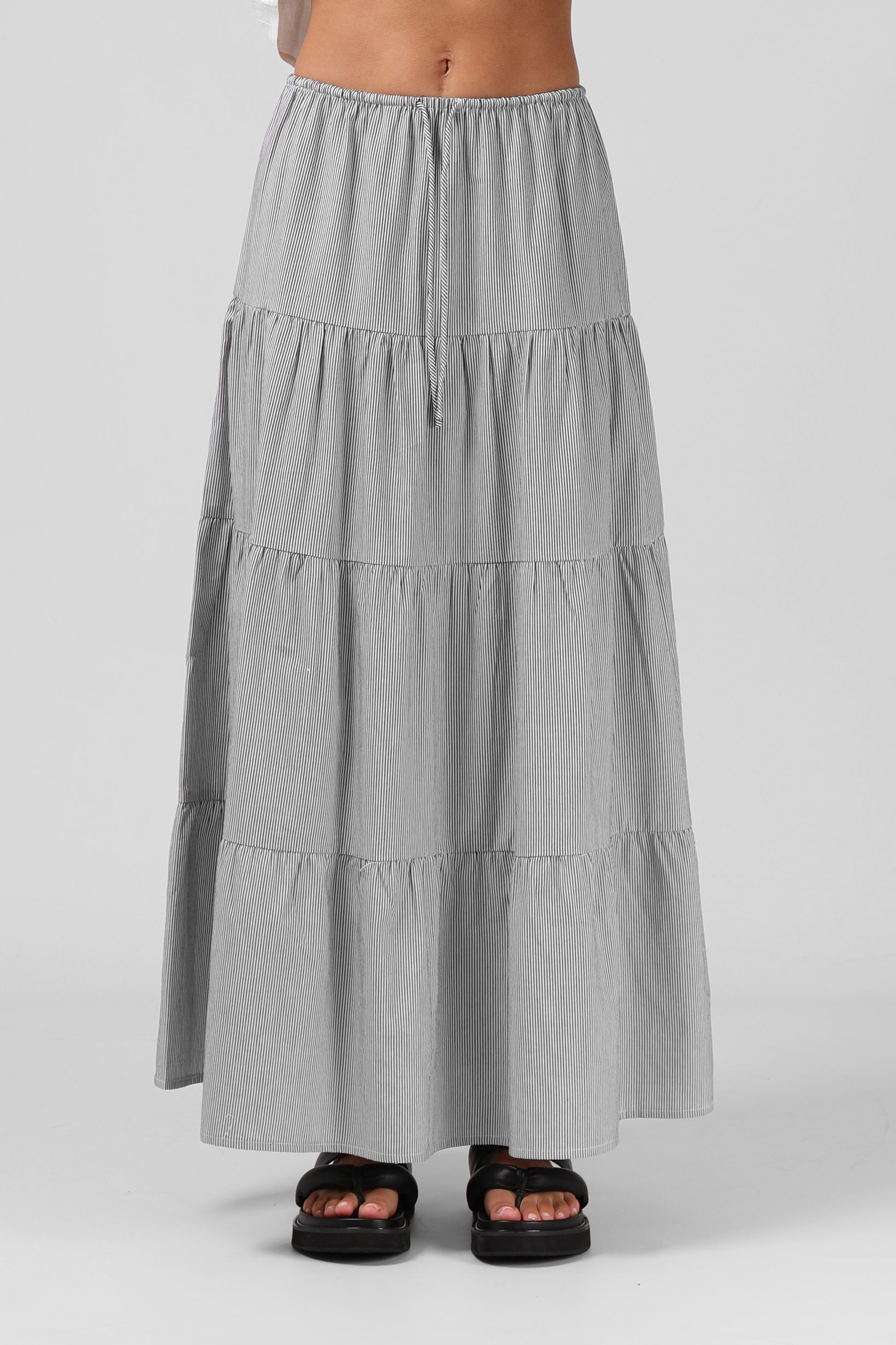 RPM RUBY MAXI SKIRT - B/W PINSTRIPE - THE VOGUE STORE