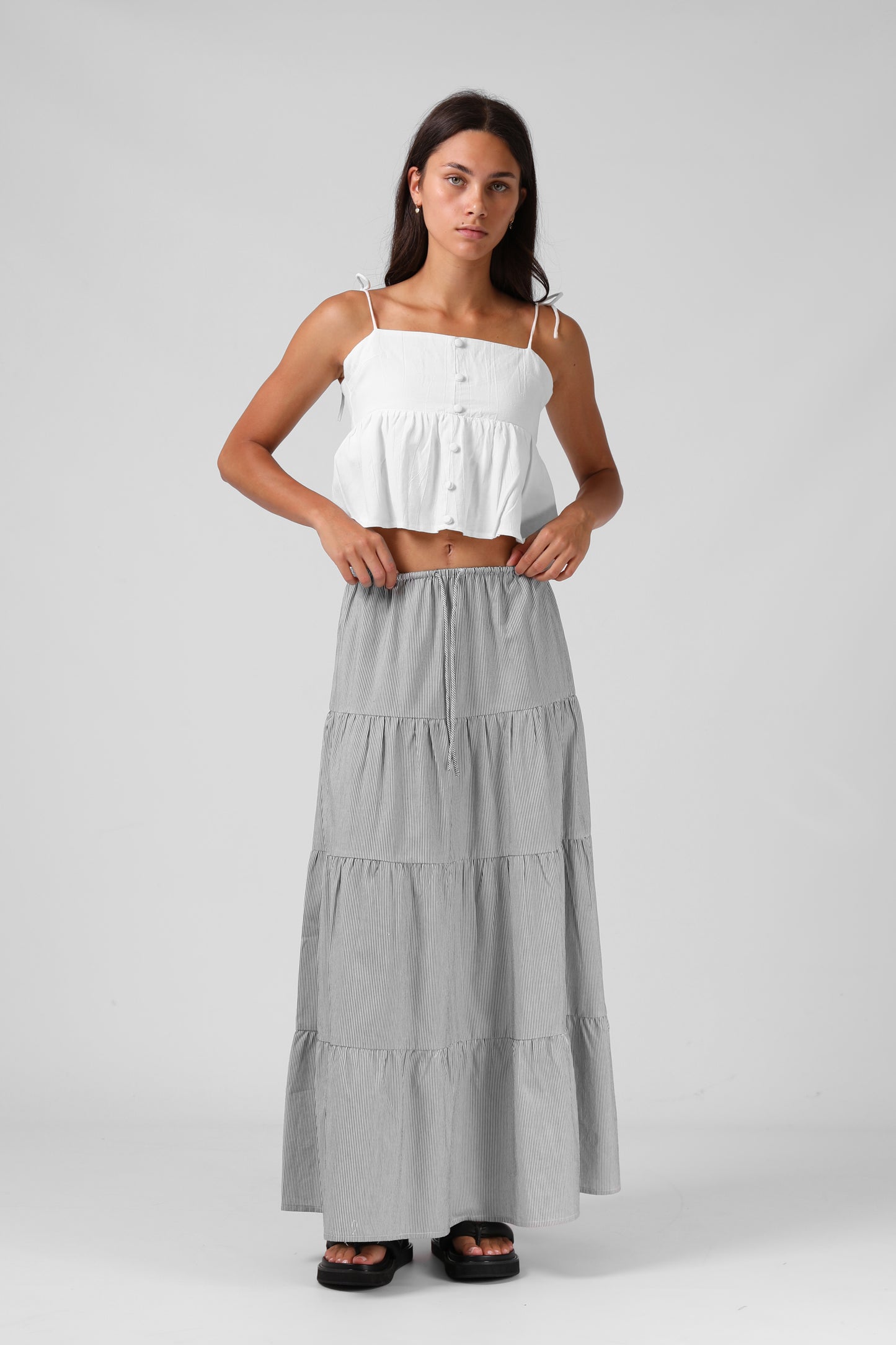 RPM RUBY MAXI SKIRT - B/W PINSTRIPE - THE VOGUE STORE