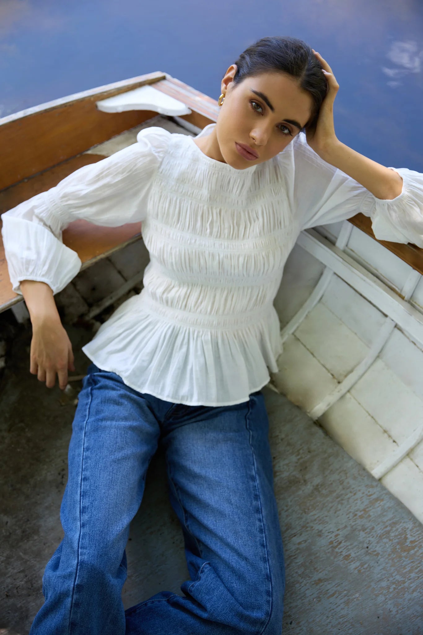 AMONG THE BRAVE REQUIRED IVORY LS SHIRRED BODICE TOP - THE VOGUE STORE