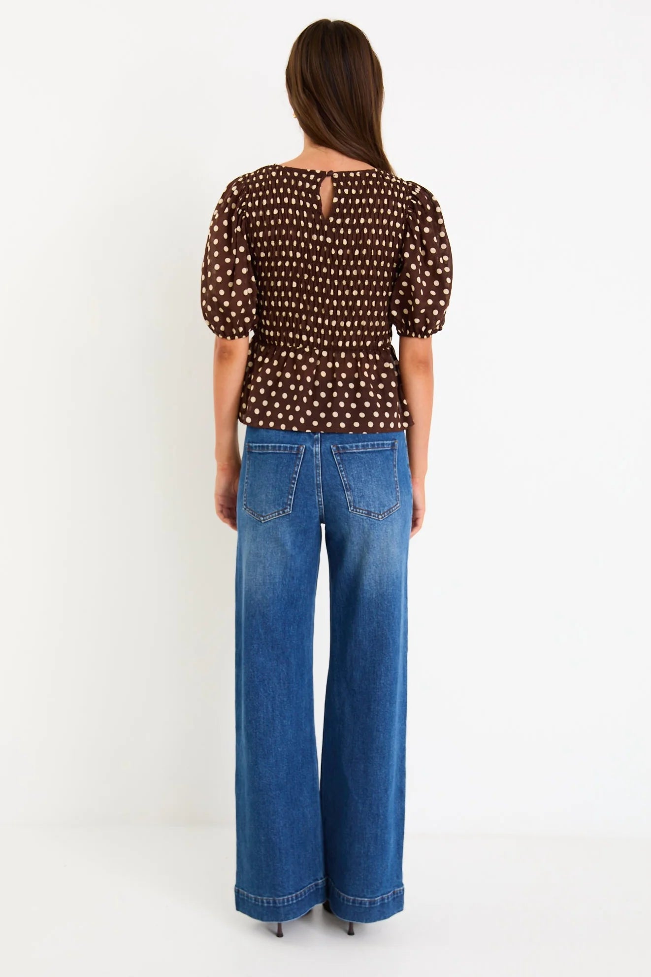 AMONG THE BRAVE REQUITE CHOCOLATE POLKA DOT SHIRRED BODY SS TOP - THE VOGUE STORE