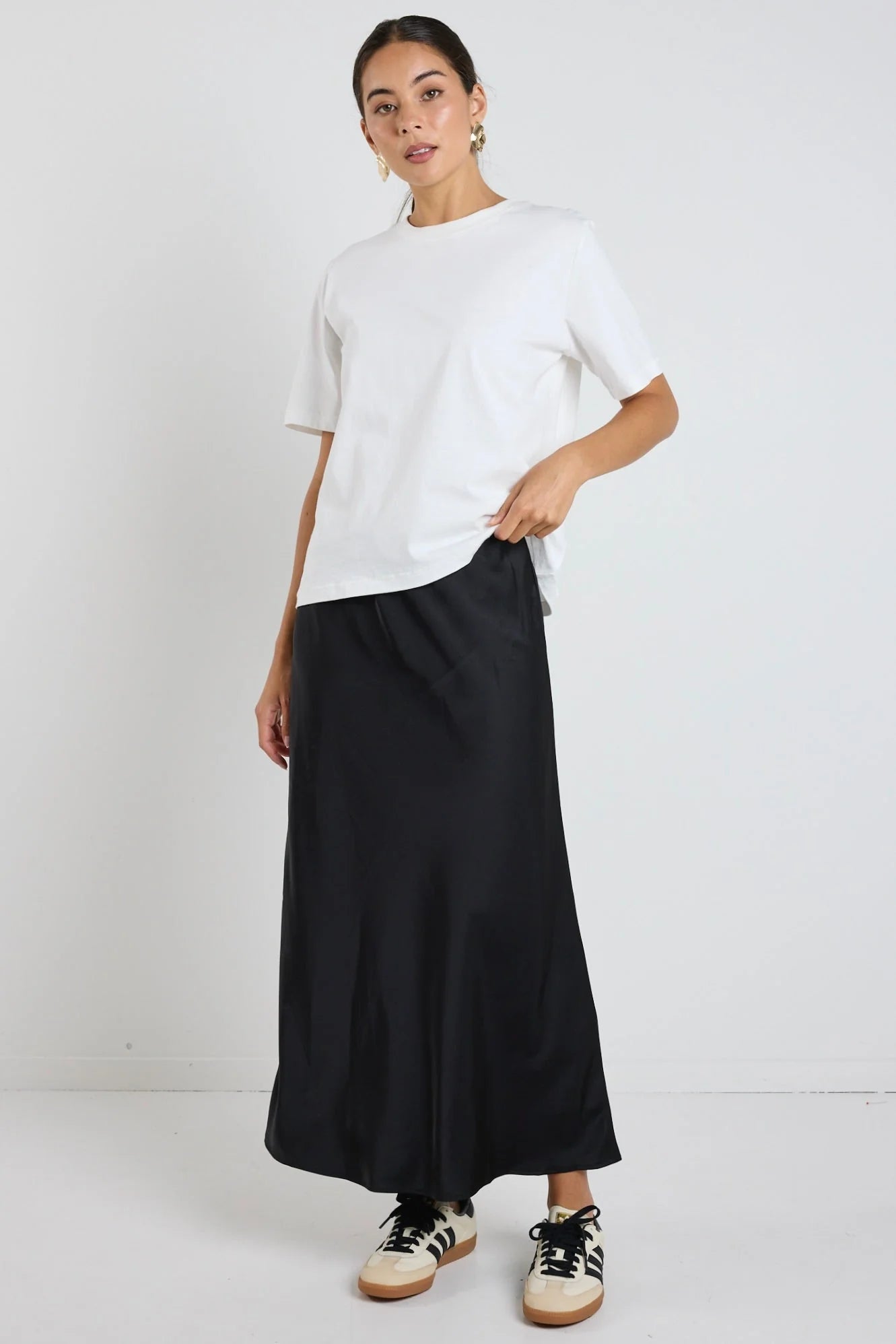 IVY + JACK ROSETTE BLACK SATIN BIAS MIDI SKIRT - THE VOGUE STORE
