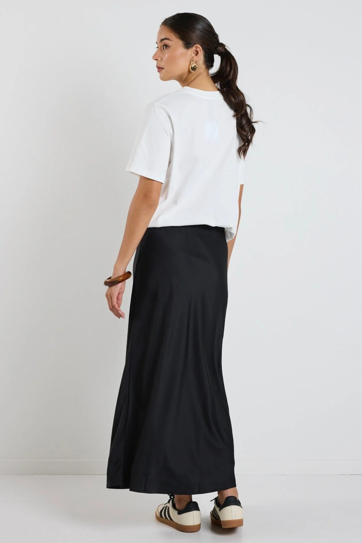 IVY + JACK ROSETTE BLACK SATIN BIAS MIDI SKIRT - THE VOGUE STORE