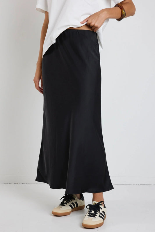 IVY + JACK ROSETTE BLACK SATIN BIAS MIDI SKIRT - THE VOGUE STORE
