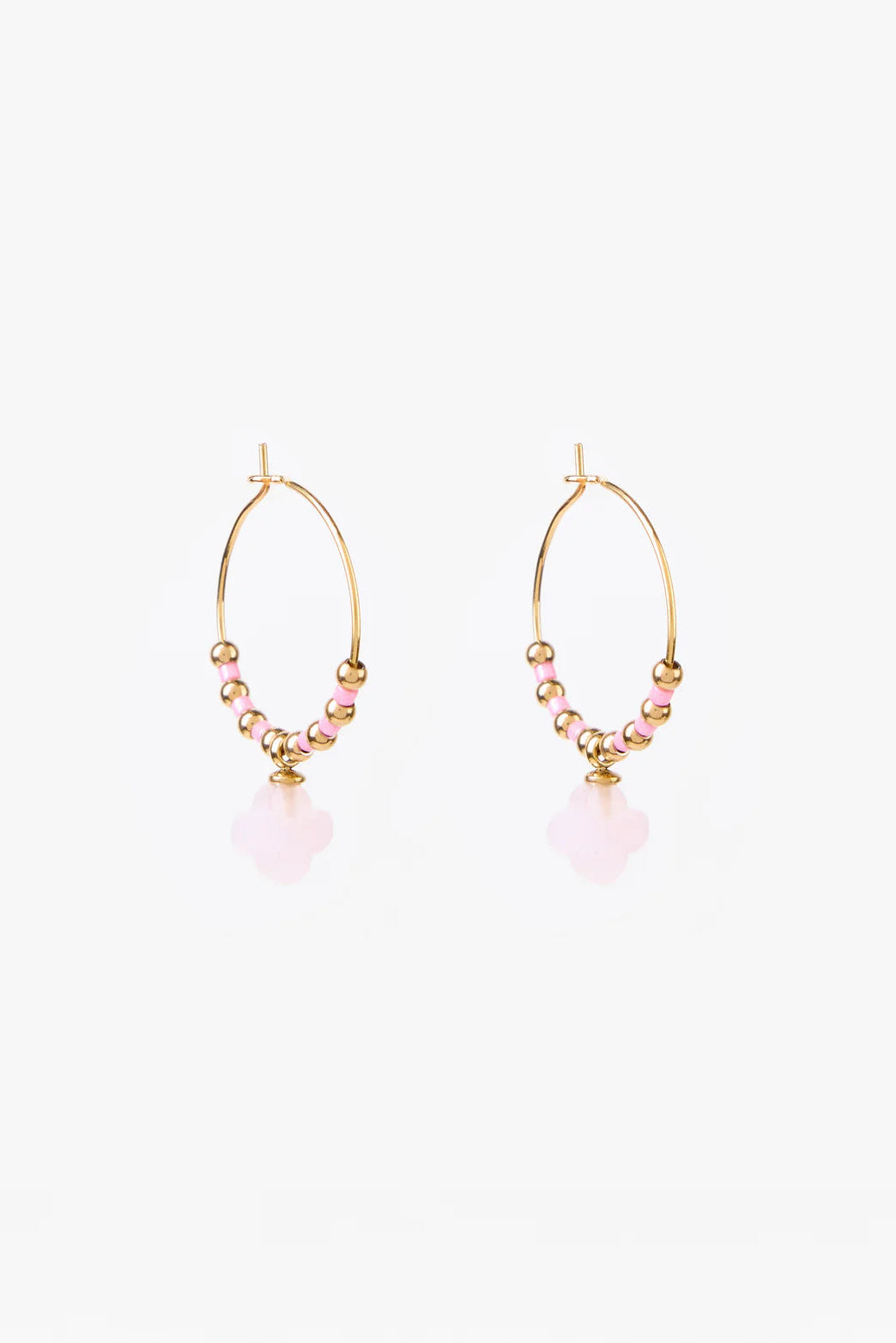 STELLA + GEMMA EARRINGS - GOLD HOOP PINK CLOVER AND BEADS