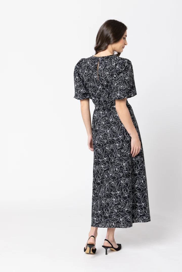 SEEKING LOLA SPARKLING DRESS - BLACK FLORAL SKETCH - THE VOGUE STORE