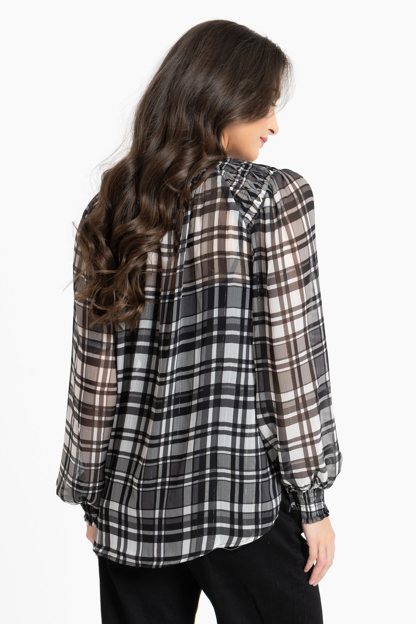 SEEKING LOLA HONEY COMBE BLOUSE - BLACK LUREX CHECK - THE VOGUE STORE