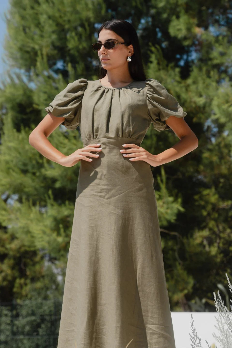 STORIES BE TOLD STAGE KHAKI PUFF SLEEVE FLOATY MAXI DRESS - THE VOGUE STORE