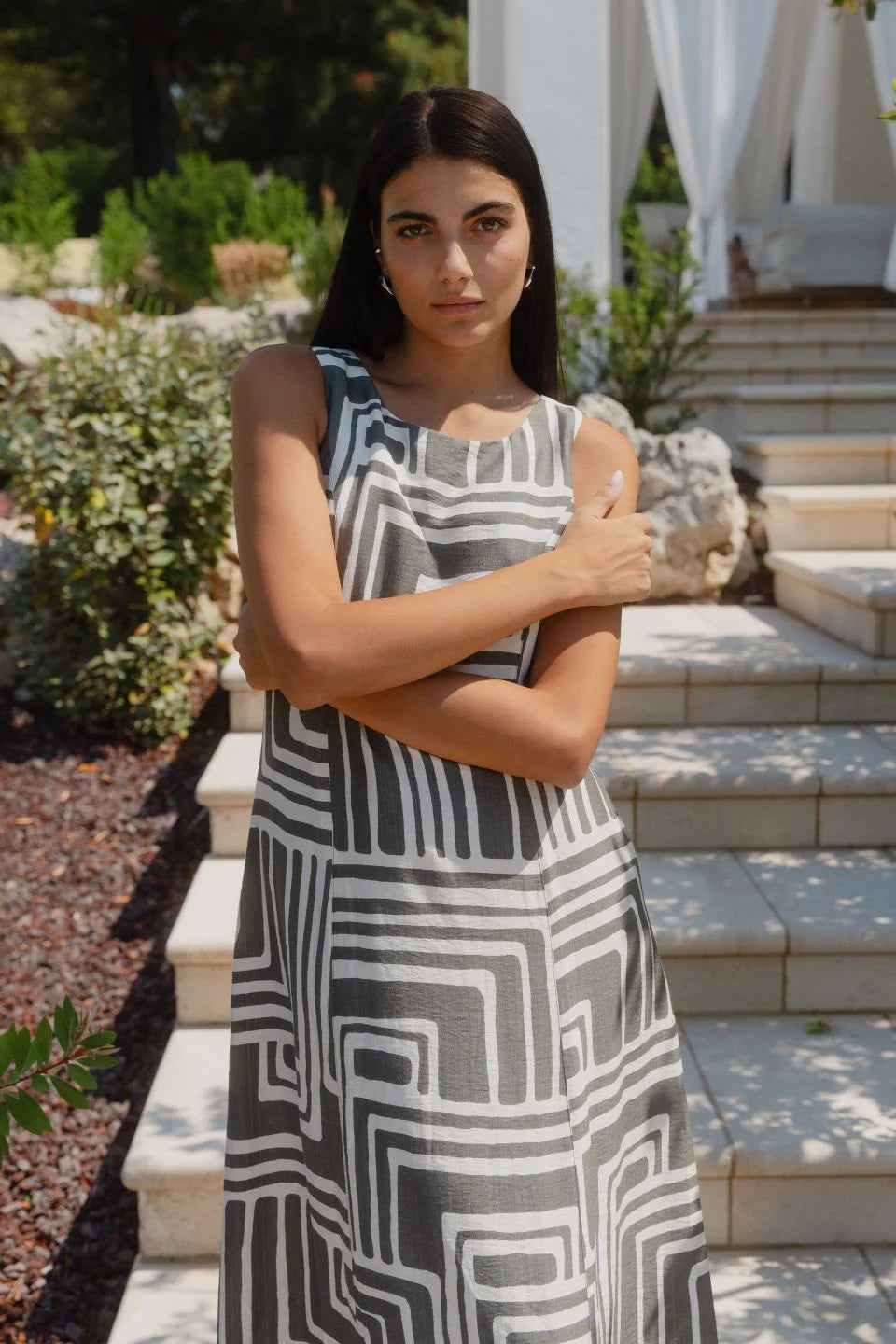 STORIES BE TOLD FUTURE KHAKI MAZE PRINT SLEEVELESS MIDI DRESS - THE VOGUE STORE
