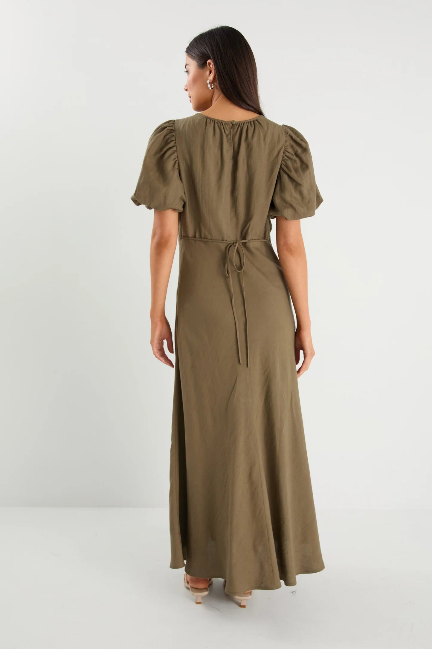 STORIES BE TOLD STAGE KHAKI PUFF SLEEVE FLOATY MAXI DRESS - THE VOGUE STORE