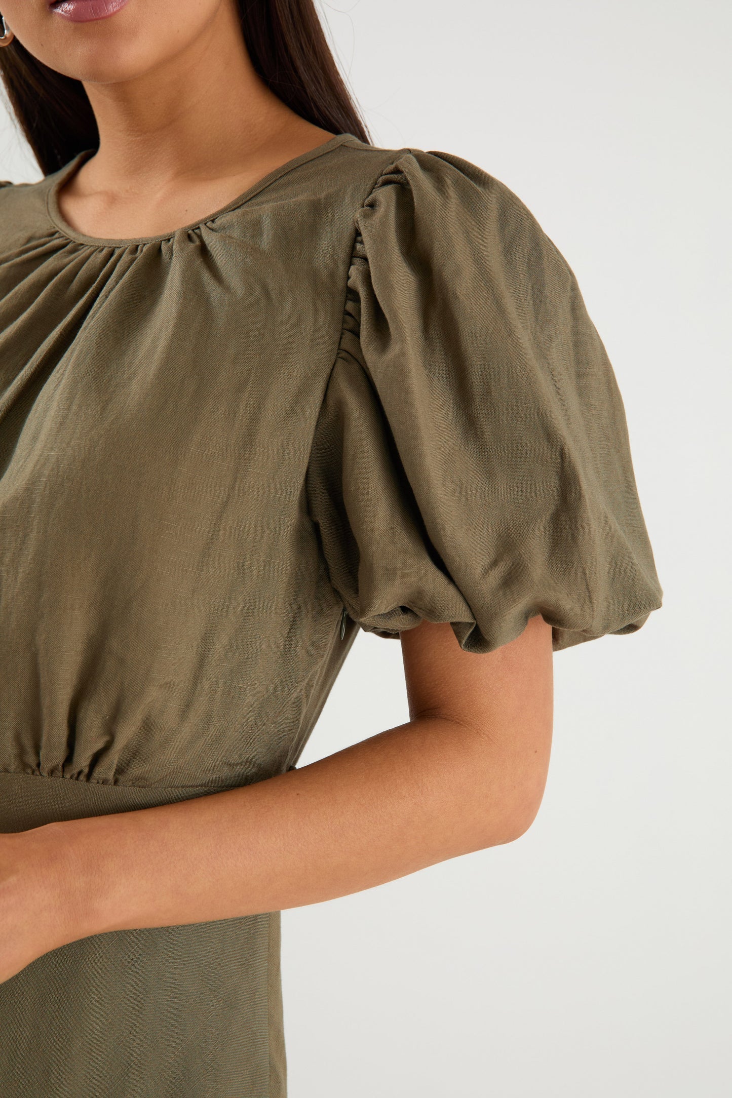 STORIES BE TOLD STAGE KHAKI PUFF SLEEVE FLOATY MAXI DRESS - THE VOGUE STORE