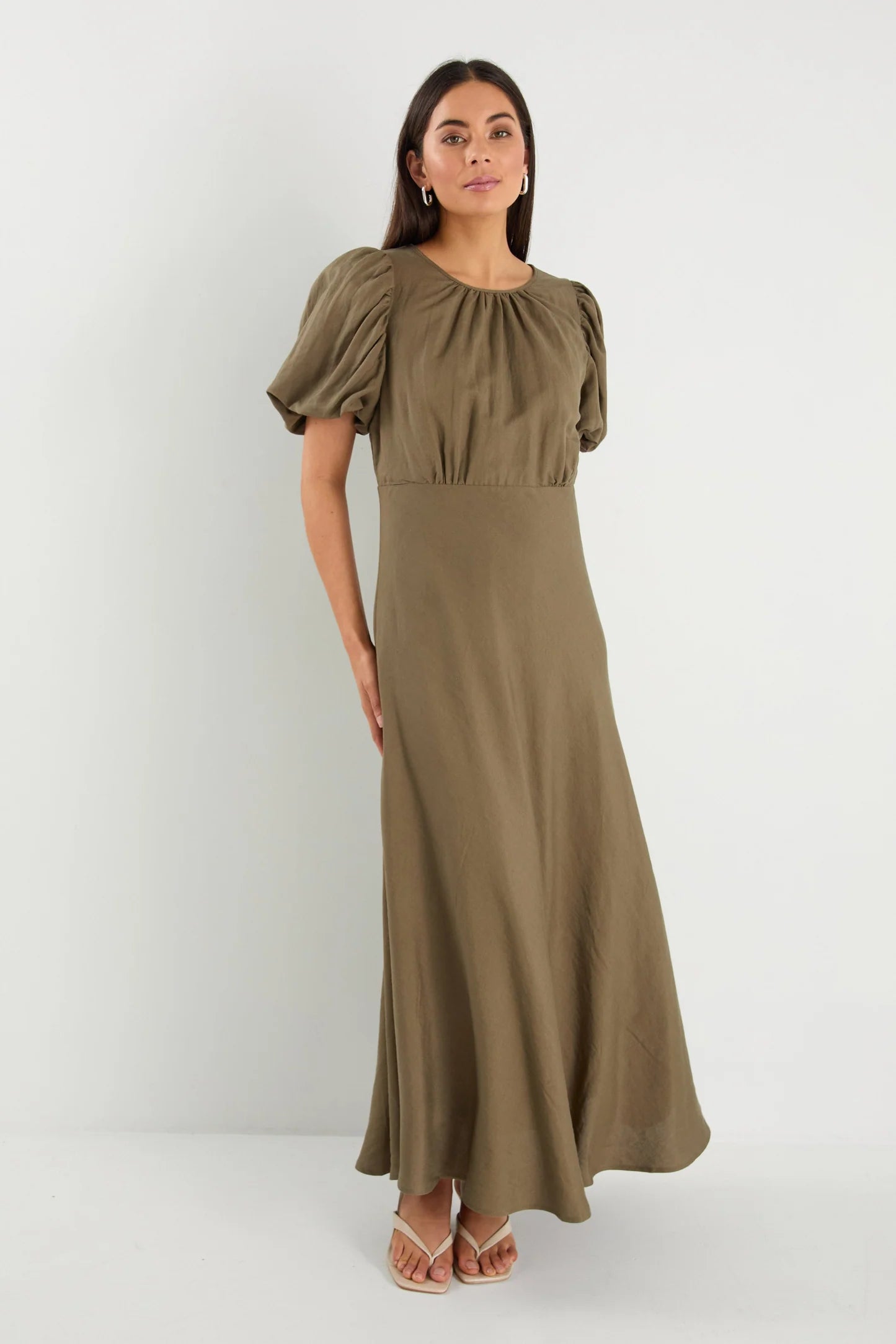 STORIES BE TOLD STAGE KHAKI PUFF SLEEVE FLOATY MAXI DRESS - THE VOGUE STORE