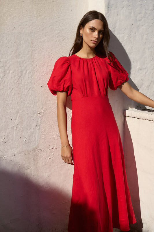 STORIES BE TOLD STAGE CHERRY PUFF SLEEVE FLOATY MAXI DRESS  - THE VOGUE STORE