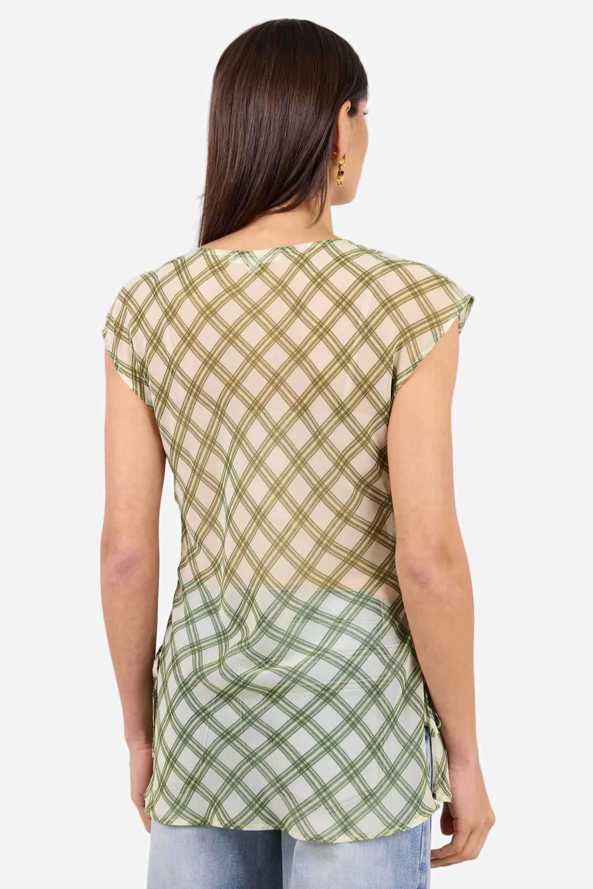 IVY + JACK SYMMETRY AVOCADO CHECK CHIFFON SHEER RUCHED SLEEVELESS TOP - THE VOGUE STORE
