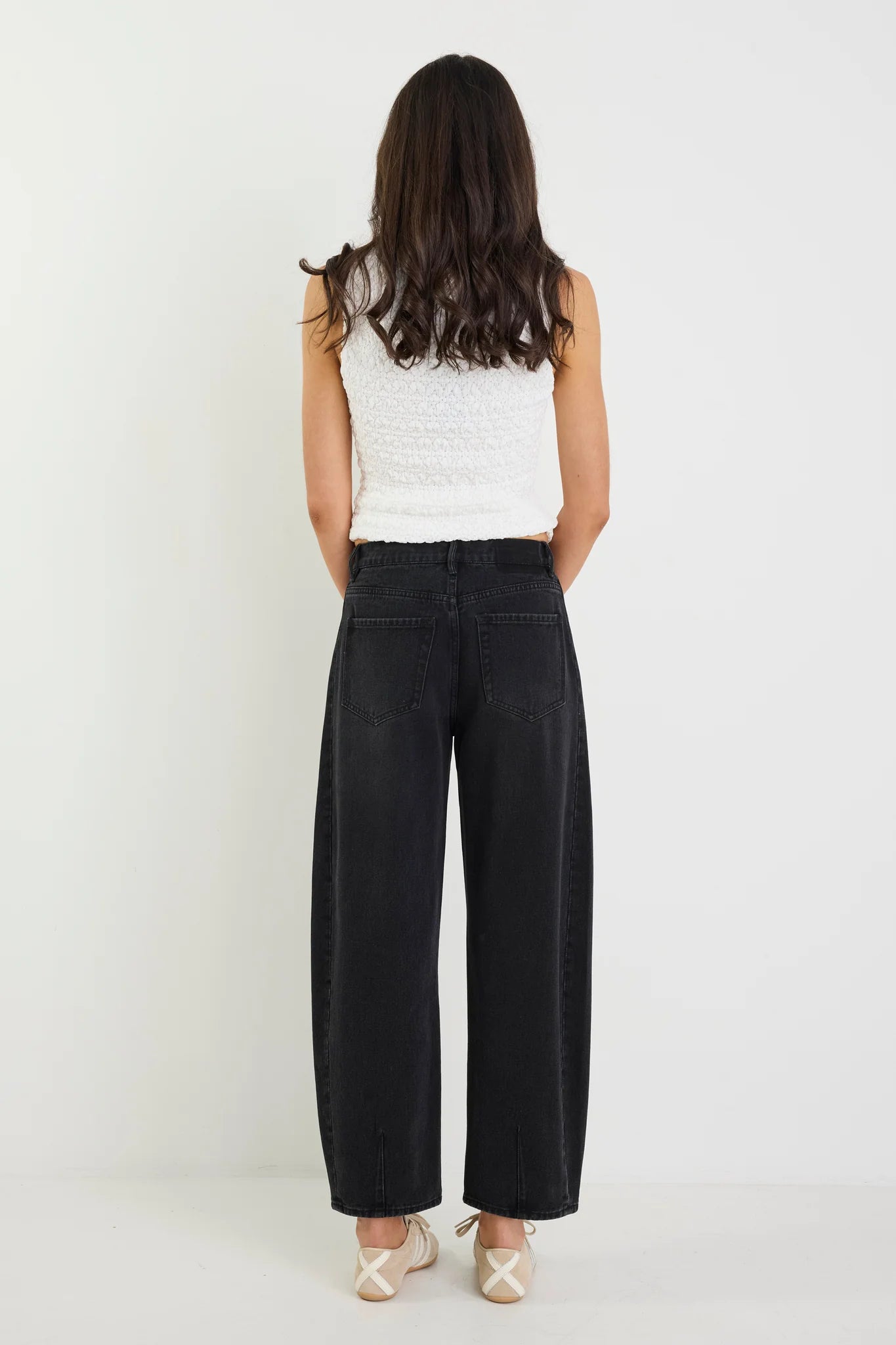 AMONG THE BRAVE VARSITY BLACK WASH FORWARD SEAM BARREL JEANS - THE VOGUE STORE