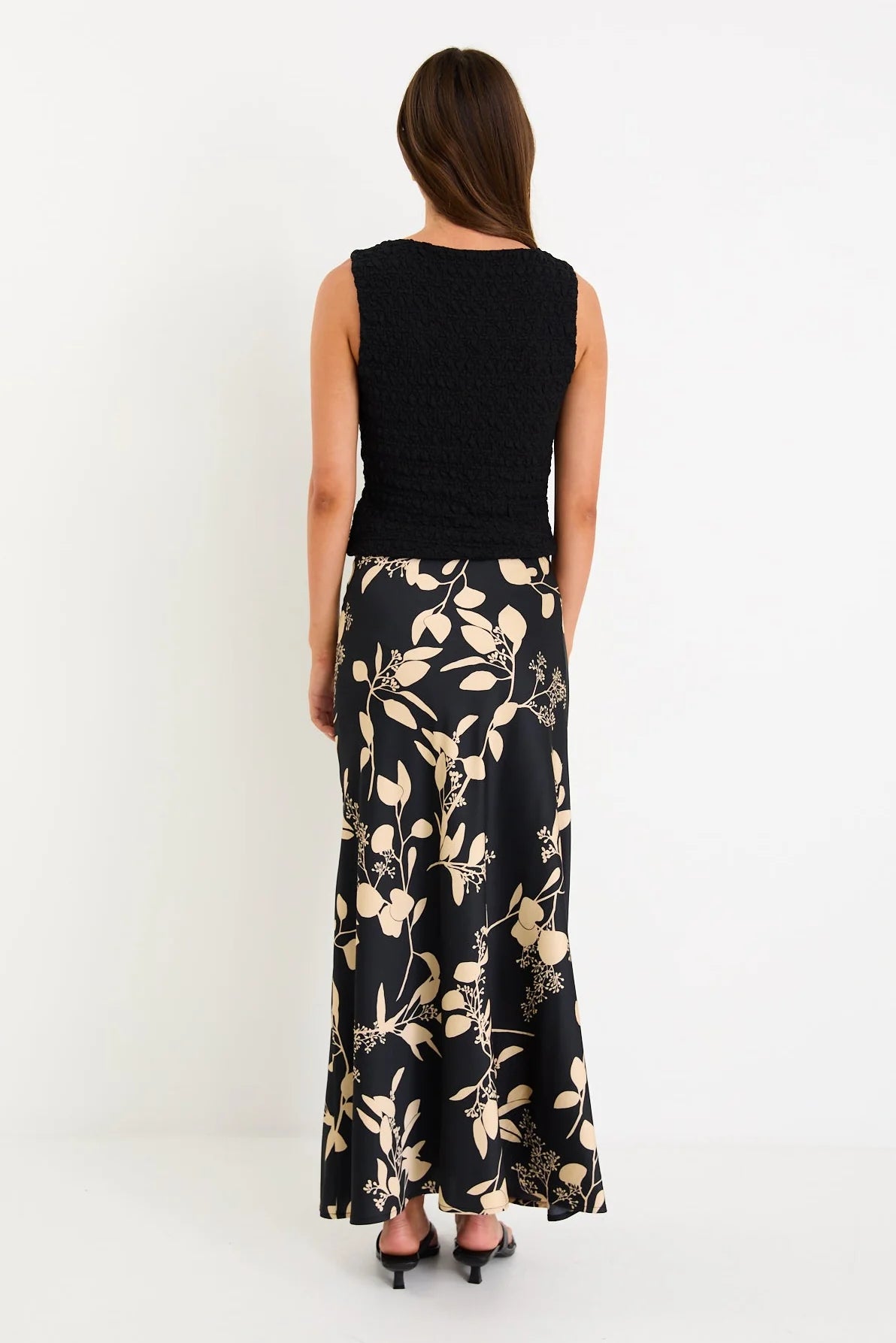 STORIES BE TOLD PRODIGY SATIN BIAS CUT MAXI SKIRT- BLACK BEIGE FLORAL - THE VOGUE STORE