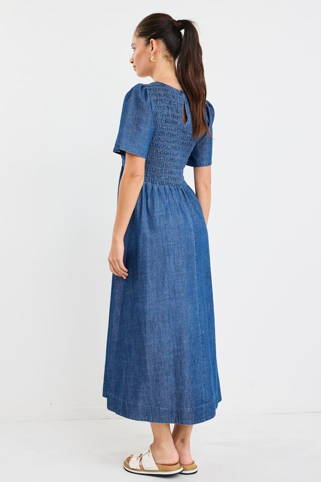RE:UNION WREN COTTON SS SHIRRED BODICE MIDI DRESS - STORM BLUE - THE VOGUE STORE