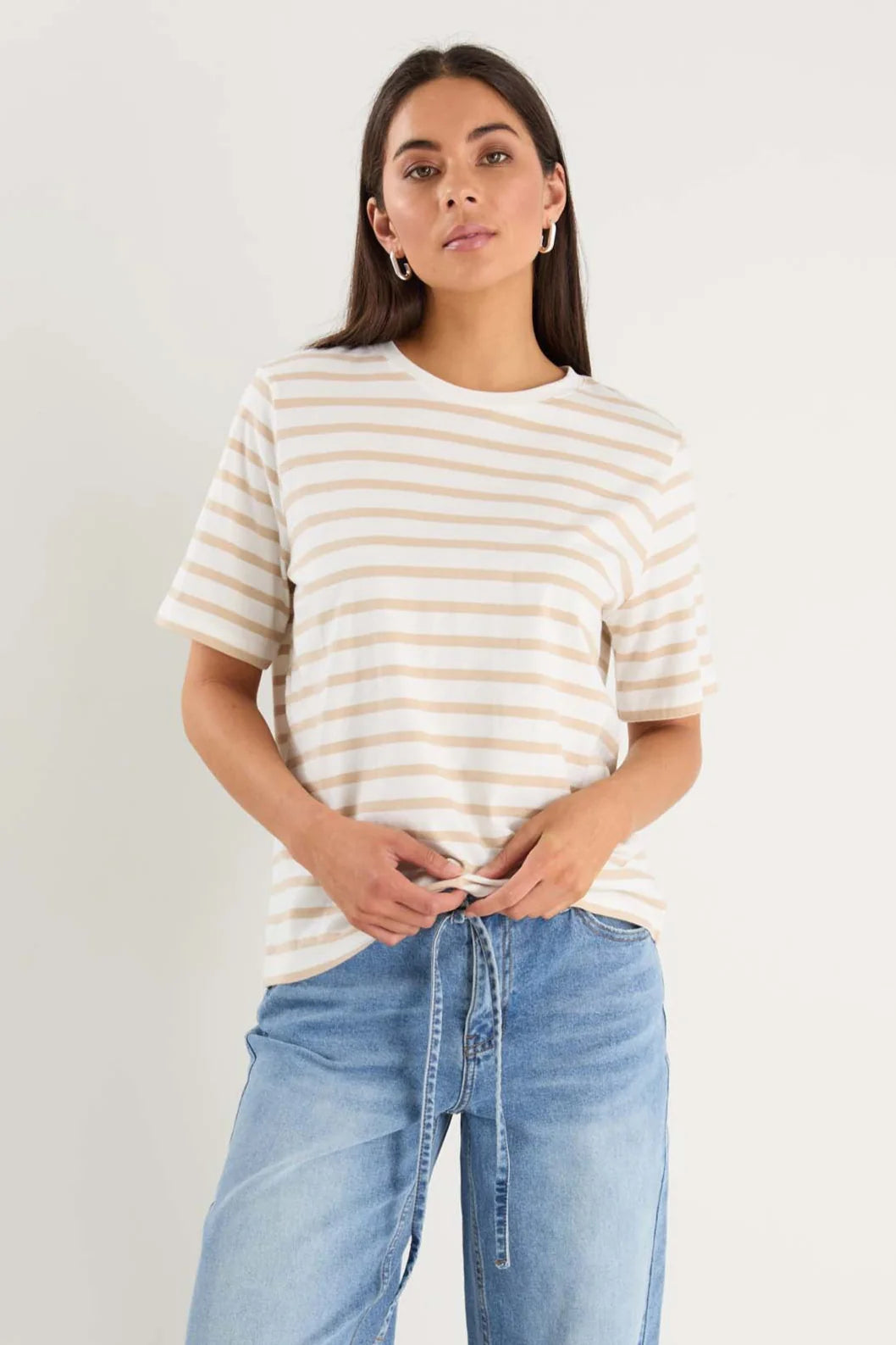 RE:UNION BINDING WHITE NATURAL STRIPE BOXY FIT TEE
