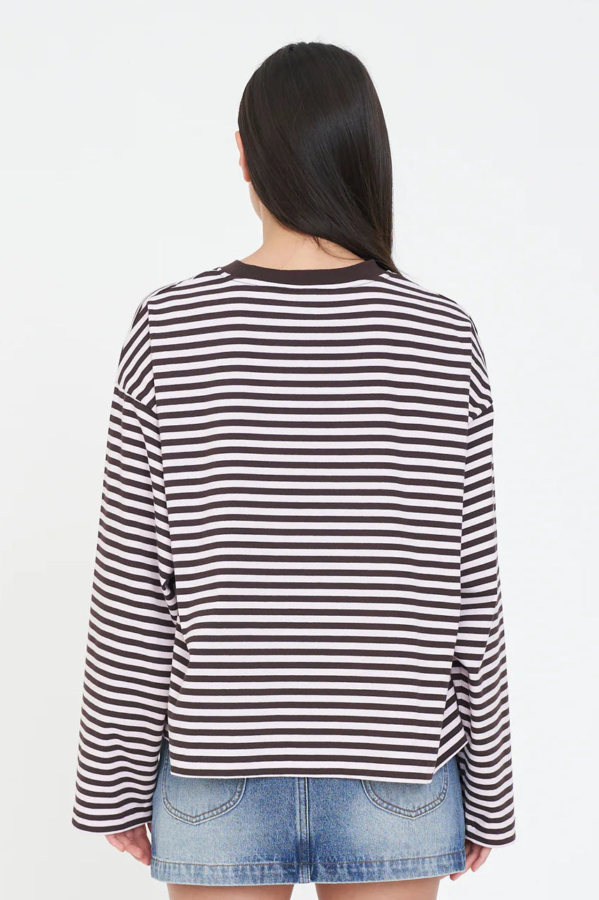 HUFFER ALEX STRIPE BILLIE LS TEE - PETAL/COCOA - THE VOGUE STORE