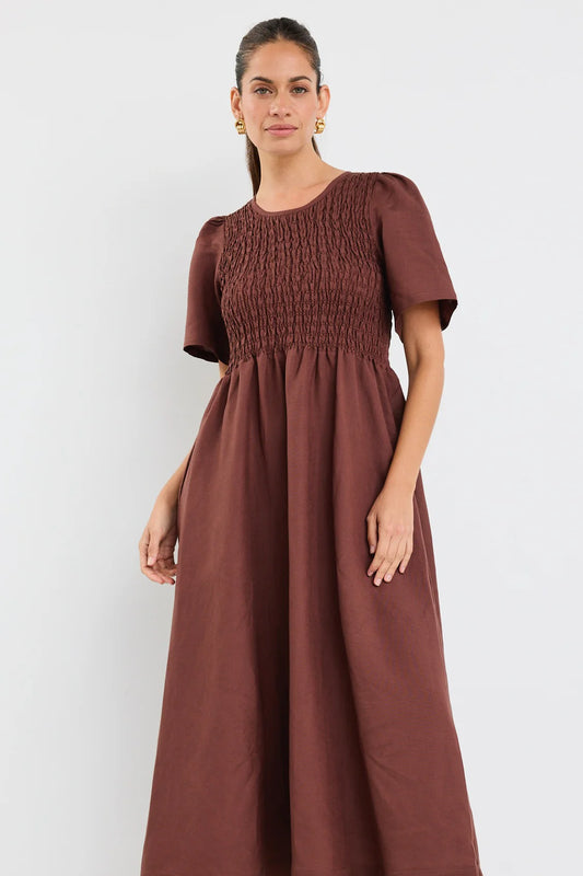 RE:UNION WREN LINEN BLEND SS SHIRRED BODICE MIDI DRESS - CHOCOLATE - THE VOGUE STORE