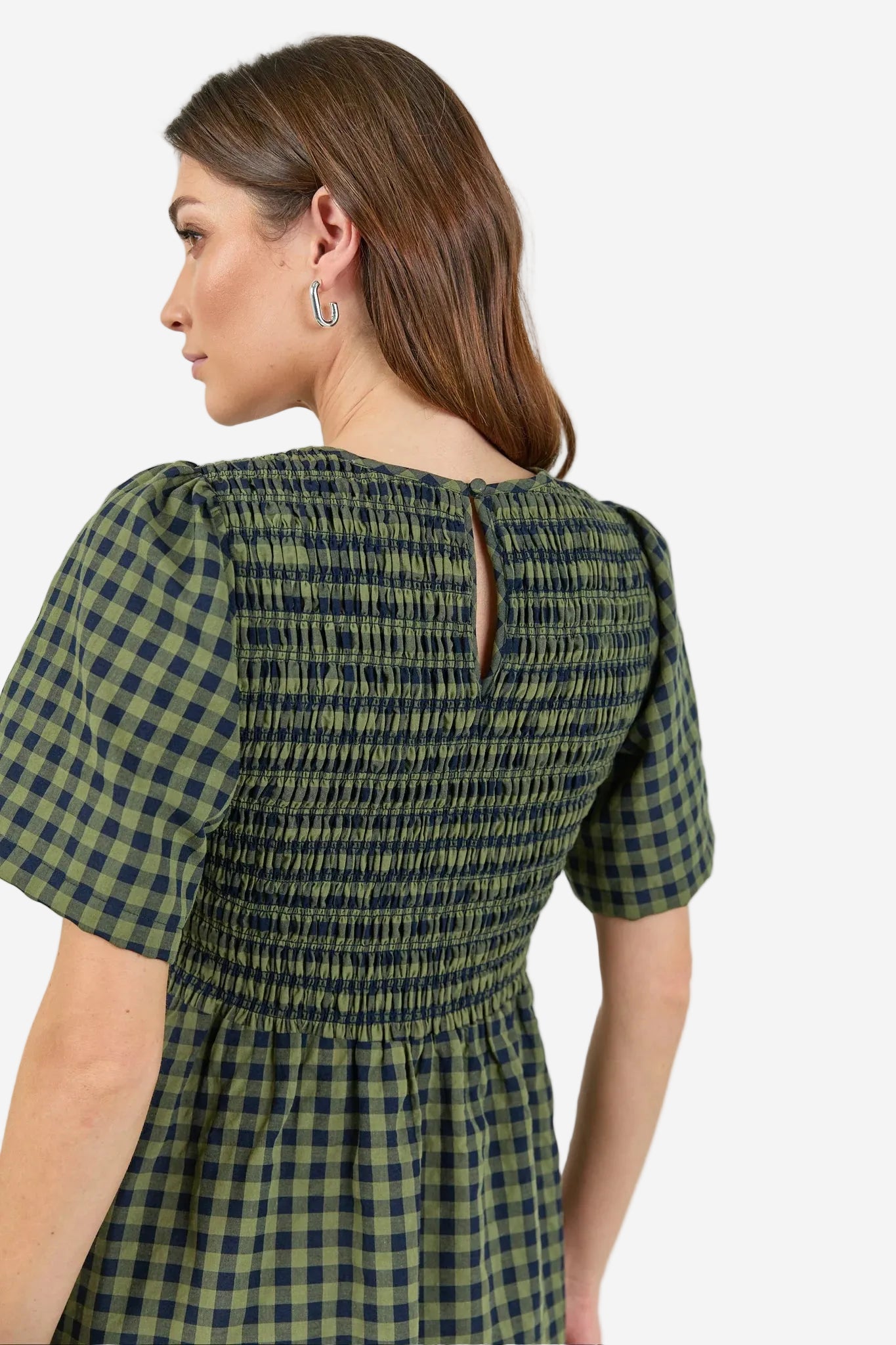RE:UNION WREN KHAKI INK GINGHAM SS SHIRRED BODICE MIDI DRESS - THE VOGUE STORE