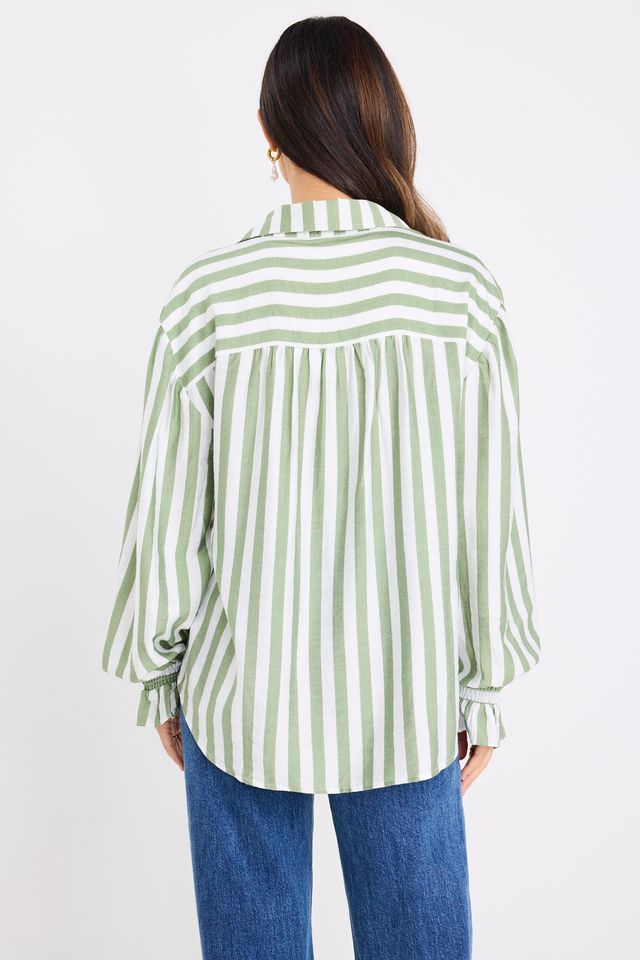 BY ROSA CONNECTION DROP SHOULDER LS SHIRT - MOSS STRIPE - THE VOGUE STORE