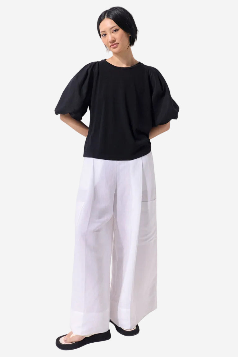 MARCO POLO PINSTITCH GATHERED SLEEVE TEE - BLACK - THE VOGUE STORE