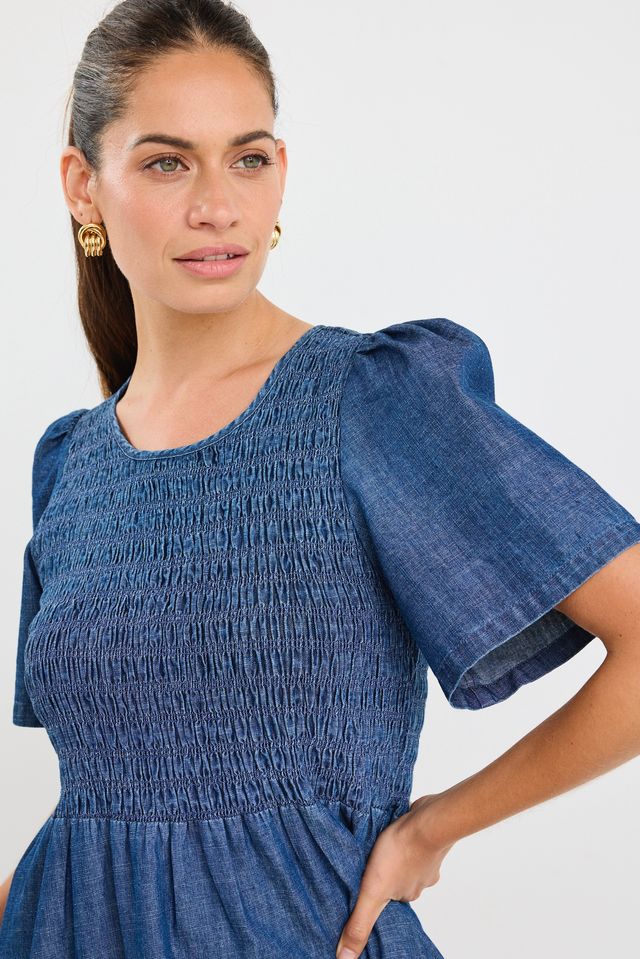 RE:UNION WREN COTTON SS SHIRRED BODICE MIDI DRESS - STORM BLUE - THE VOGUE STORE