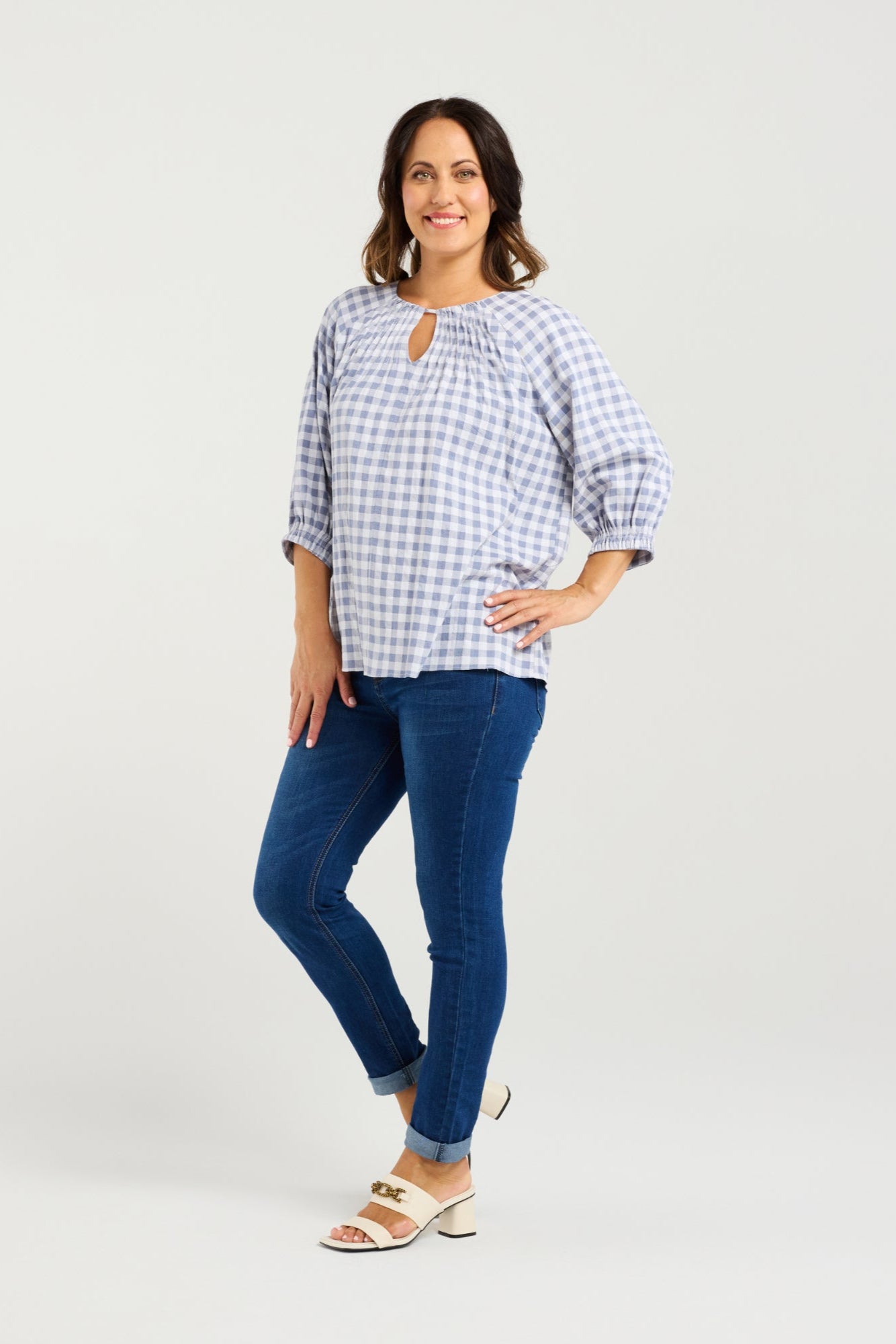 ZAFINA HAZEL TOP - BLUE CHECK - THE VOGUE STORE