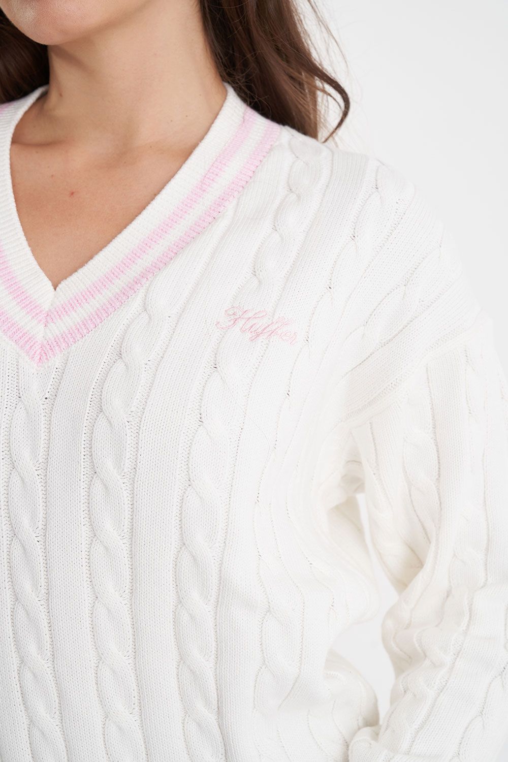 HUFFER V-NECK CABLE KNIT SWEATER - CHALK - THE VOGUE STORE