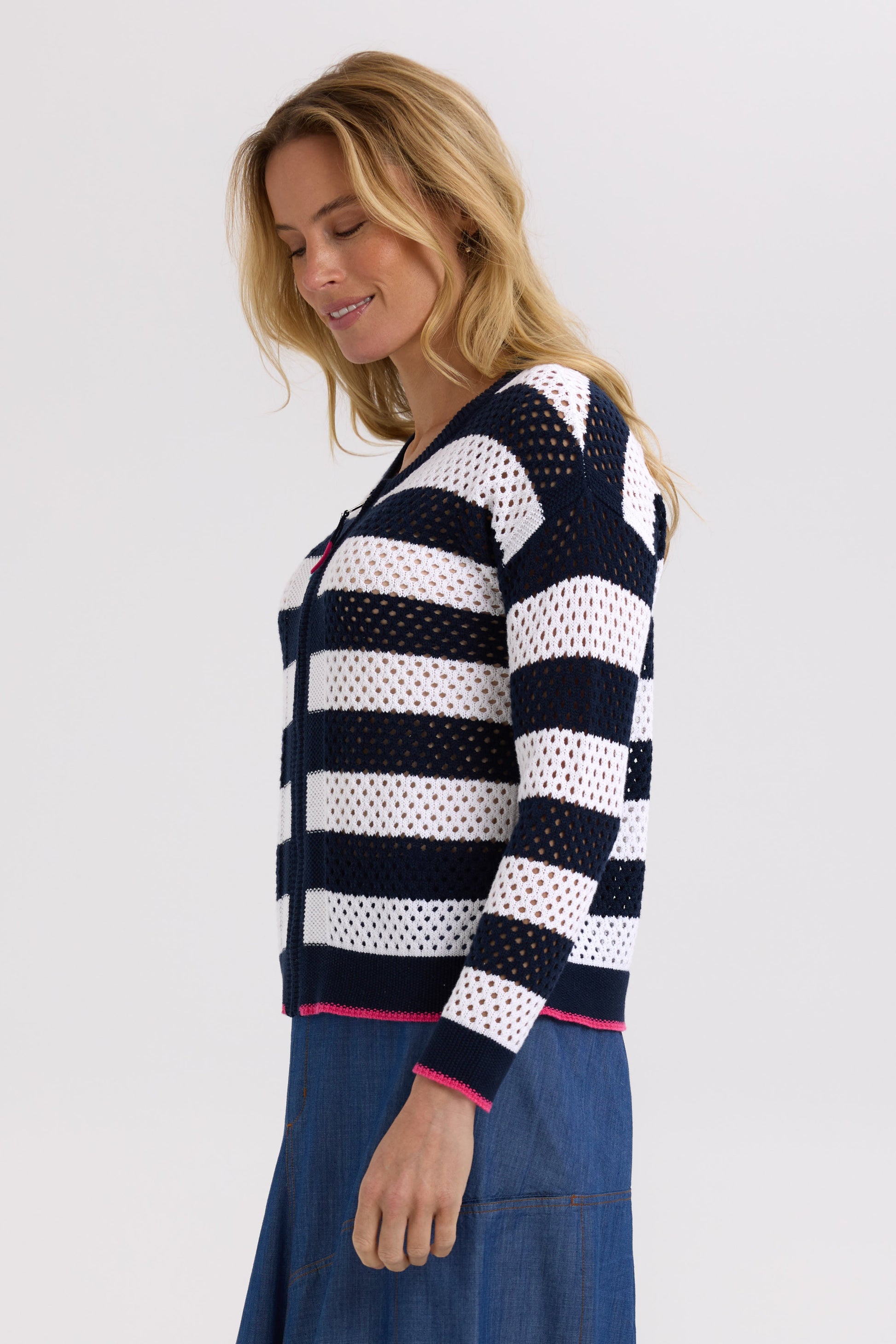 Z&P POINTELLE ZIP CARDI - NAVY - THE VOGUE STORE