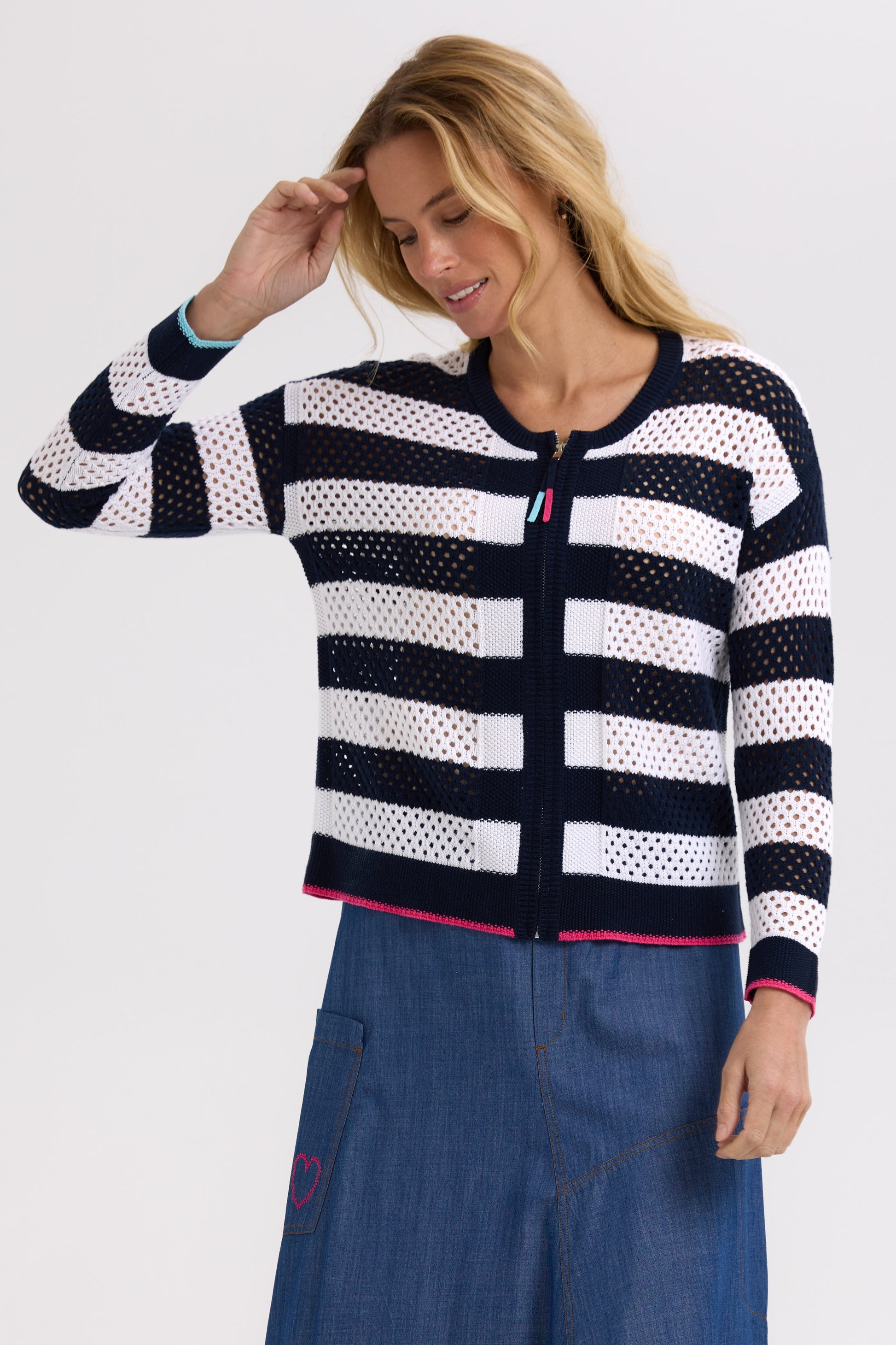 Z&P POINTELLE ZIP CARDI - NAVY - THE VOGUE STORE