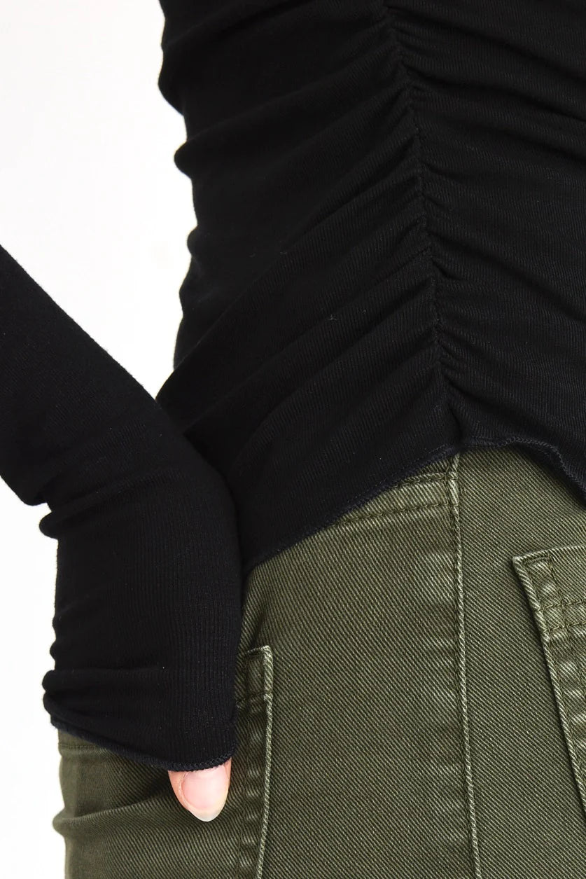 AMONG THE BRAVE MUSTER BLACK STRETCH ROUCHED SIDE CREW TOP - BLACK - THE VOGUE STORE