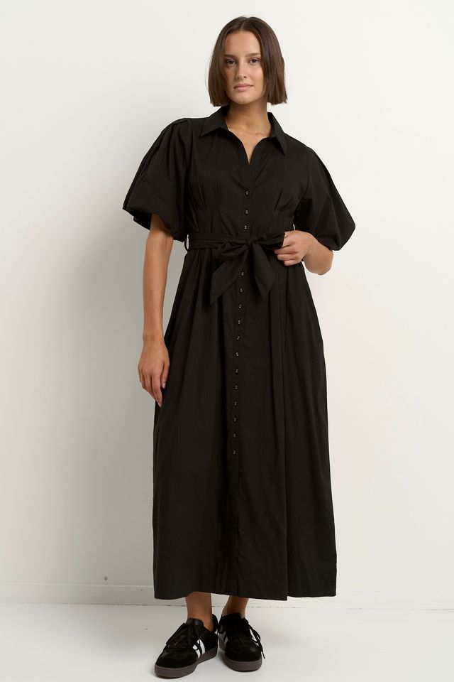 AMONG THE BRAVE DUSK PUFF SHORT SLEEVE COLLARED MAXI DRESS - BLACK - THE VOGUE STORE