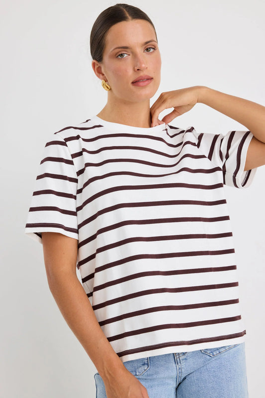 RE:UNION BINDING CHOCOLATE WHITE STRIPE BOXY FIT TEE - THE VOGUE STORE