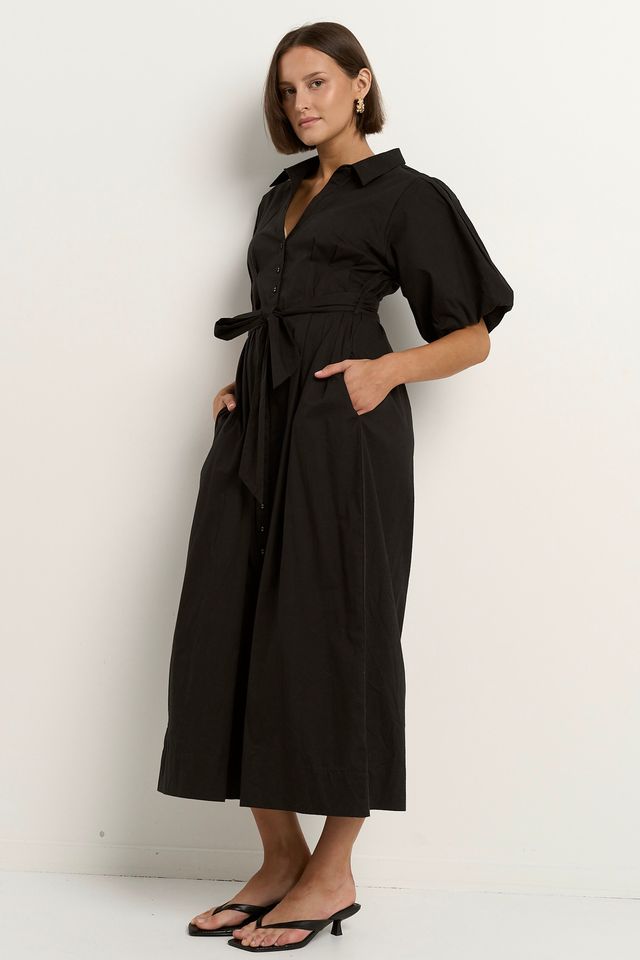 AMONG THE BRAVE DUSK PUFF SHORT SLEEVE COLLARED MAXI DRESS - BLACK - THE VOGUE STORE