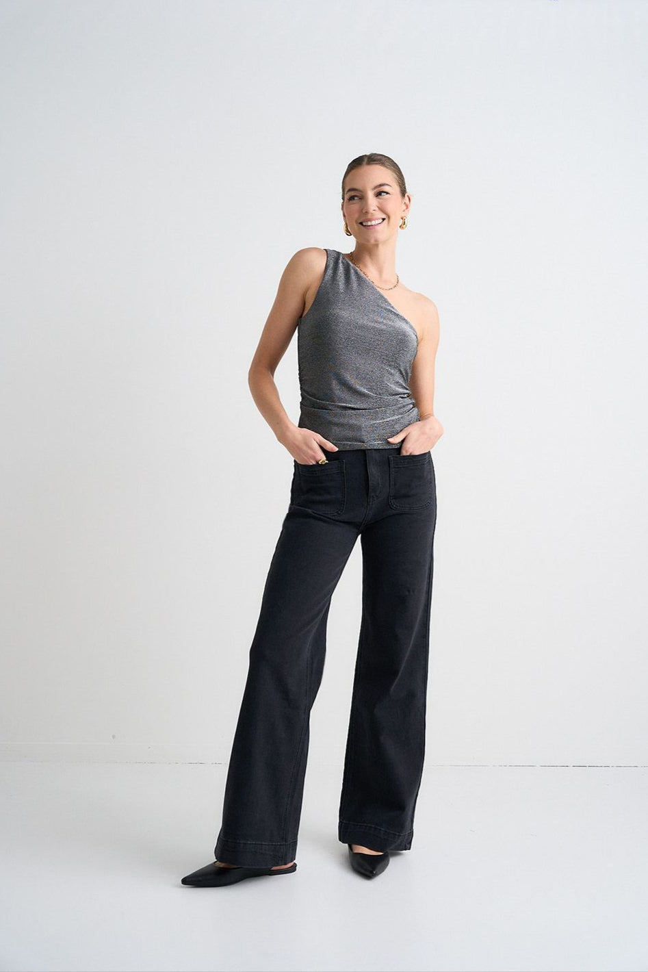AMONG THE BRAVE ZOEY BLACK DENIM HIGH RISE WIDE LEG POCKET JEAN - THE VOGUE STORE